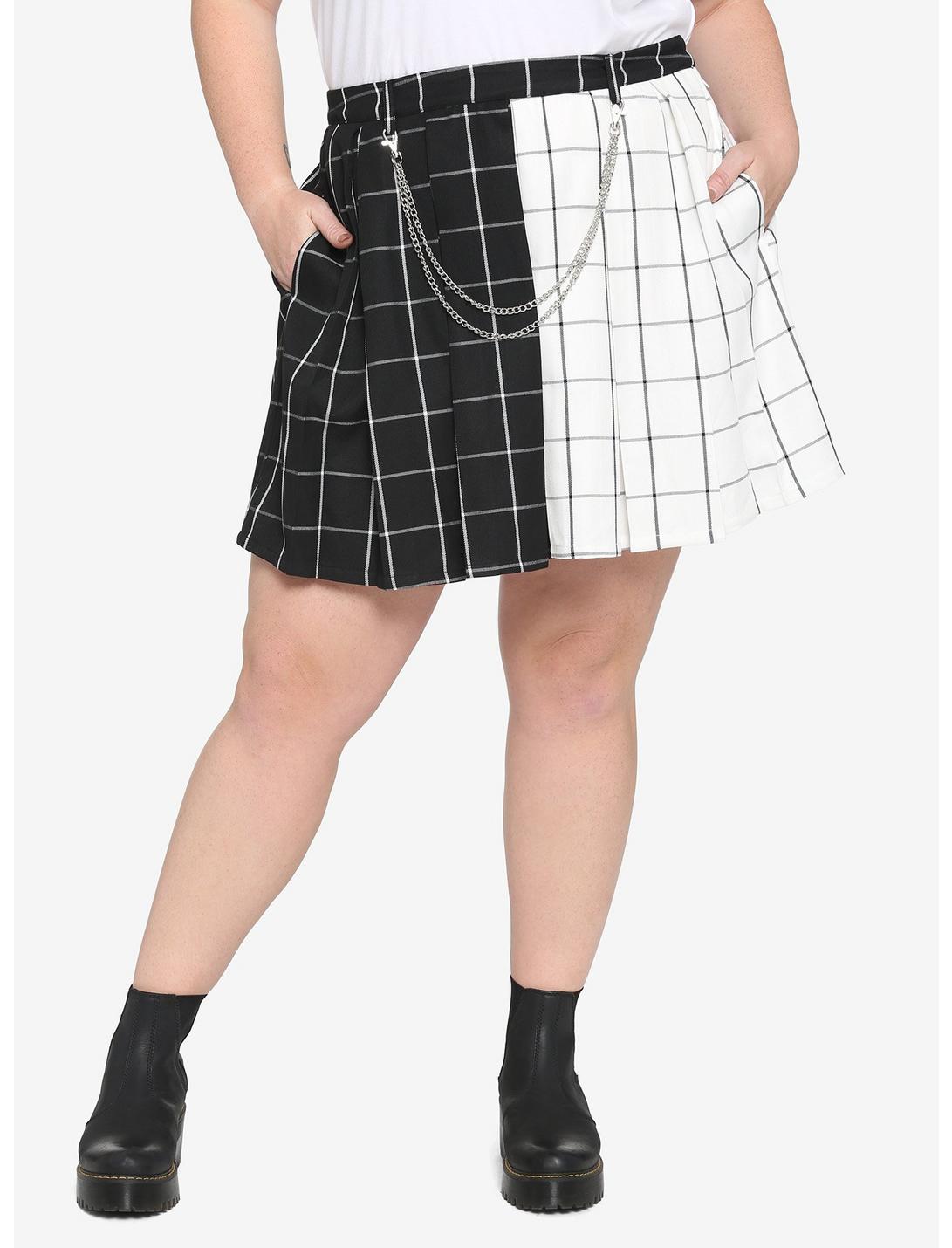 Black & White Split Grid & Chain Skirt Plus Size, PLAID, hi-res