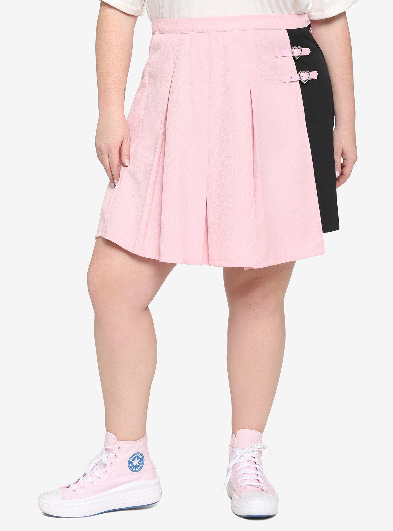 Pink & Black Asymmetrical Pleated Skirt Plus Size, MULTI, hi-res