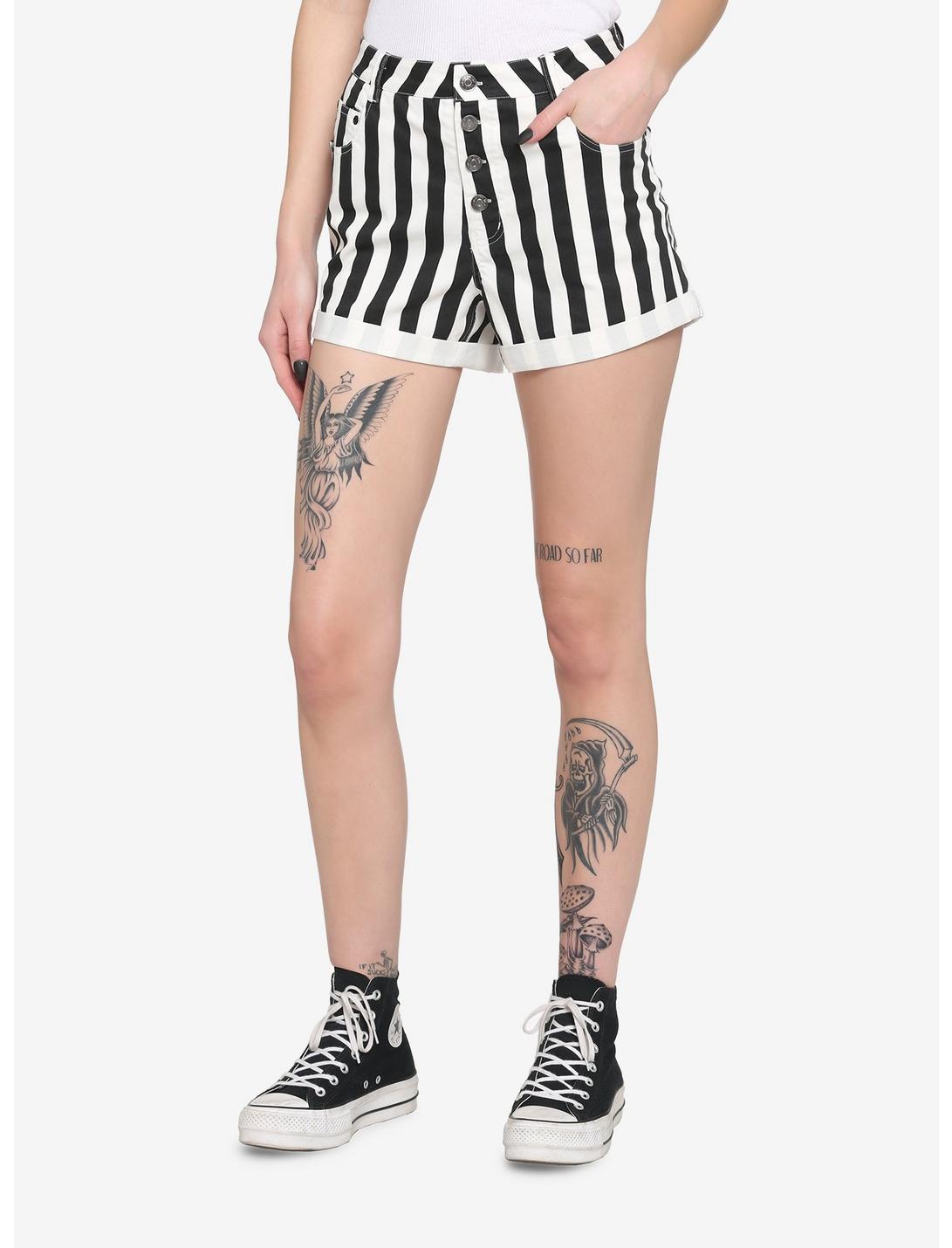 Black & White Stripe Boyfriend Shorts, BLACK, hi-res