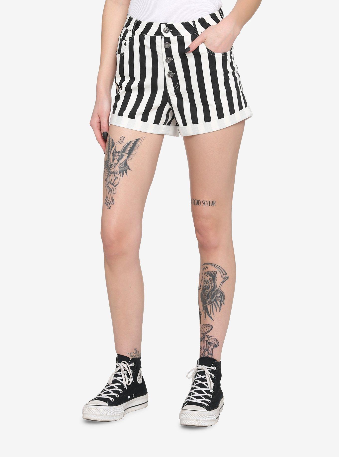 Black & White Stripe Boyfriend Shorts, BLACK, hi-res