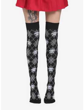 Skull Grey & Black Argyle Over-The-Knee Socks, , hi-res