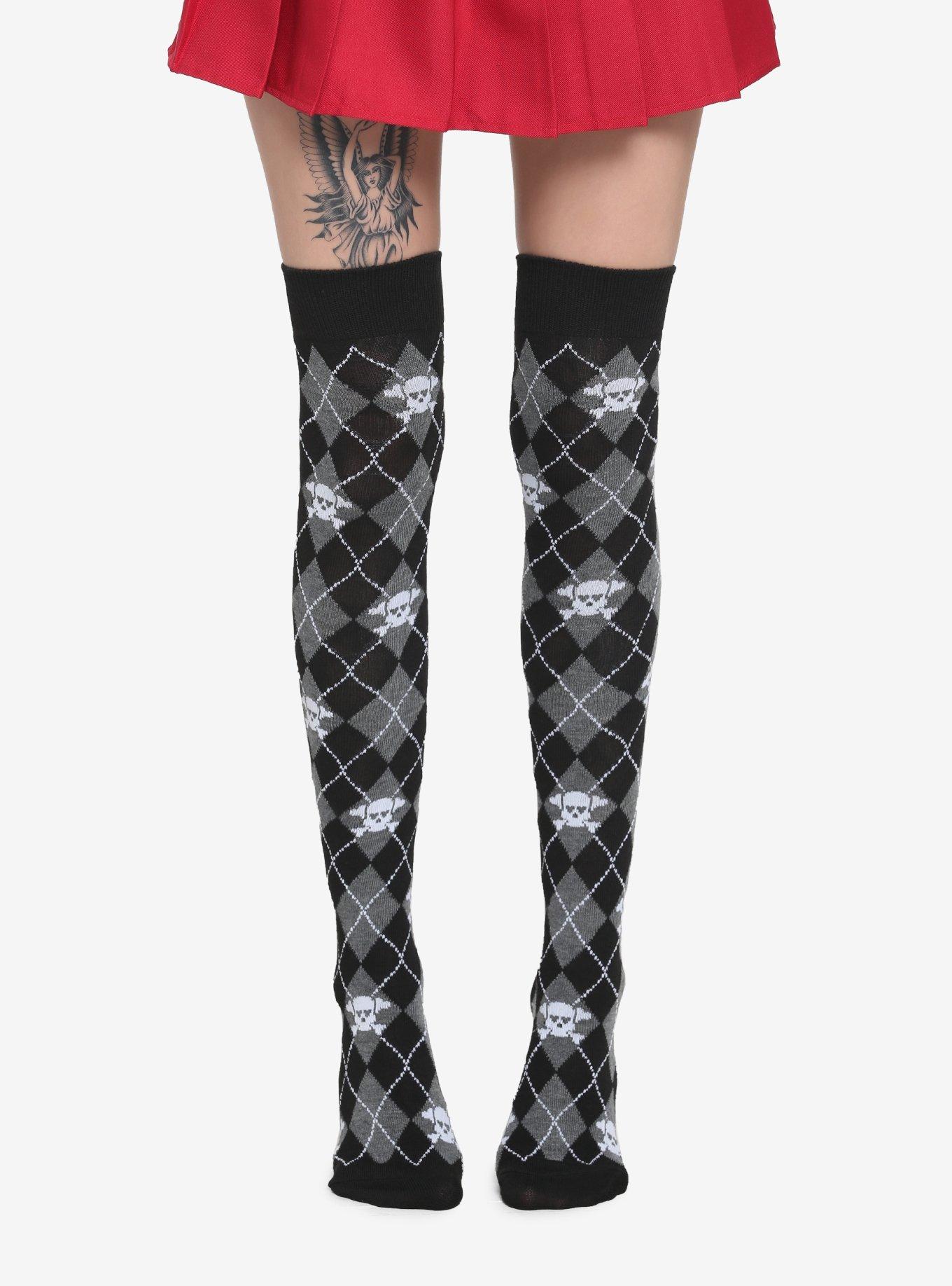 Skull Grey & Black Argyle Over-The-Knee Socks, , hi-res