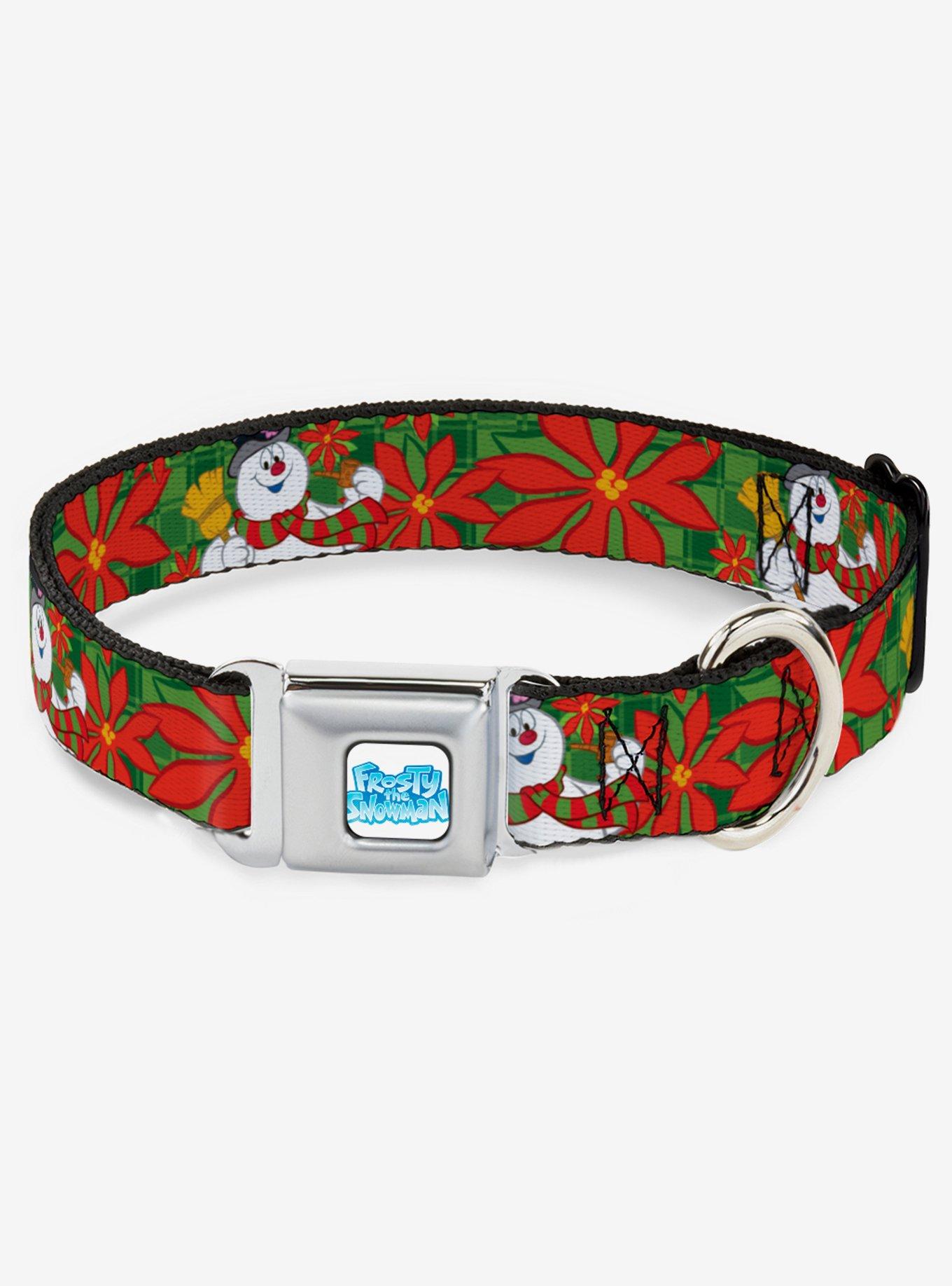 Frosty The Snowman Poinsetta Plaid Seatbelt Dog Collar, RED, hi-res