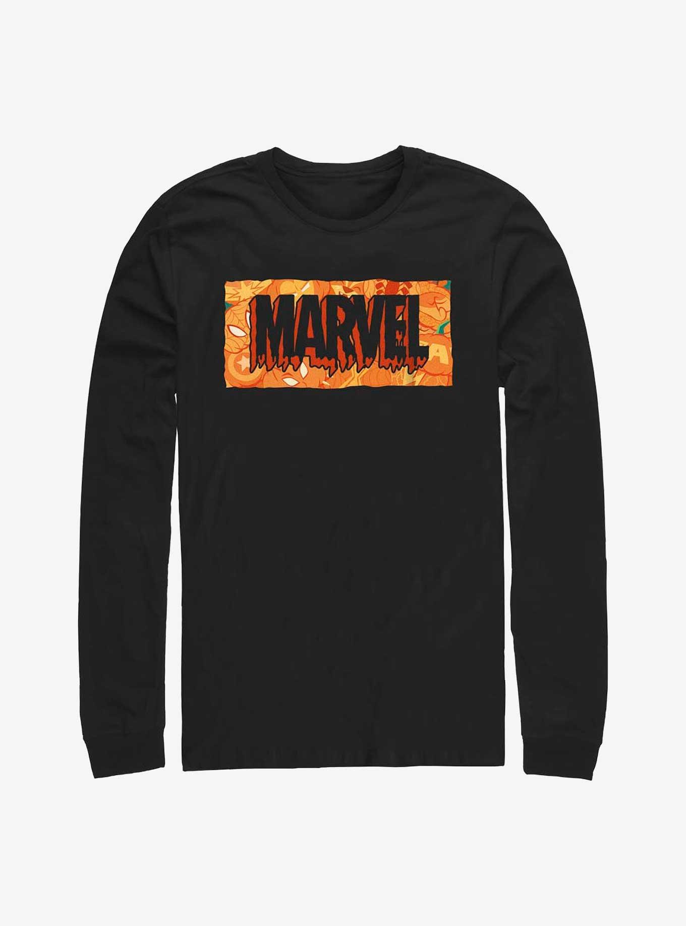 Marvel Spooky Logo Jack O' Lantern Fill Long-Sleeve T-Shirt, BLACK, hi-res
