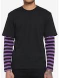 Black & Purple Stripe Sleeve Twofer Long-Sleeve T-Shirt, BLACK  PURPLE, hi-res