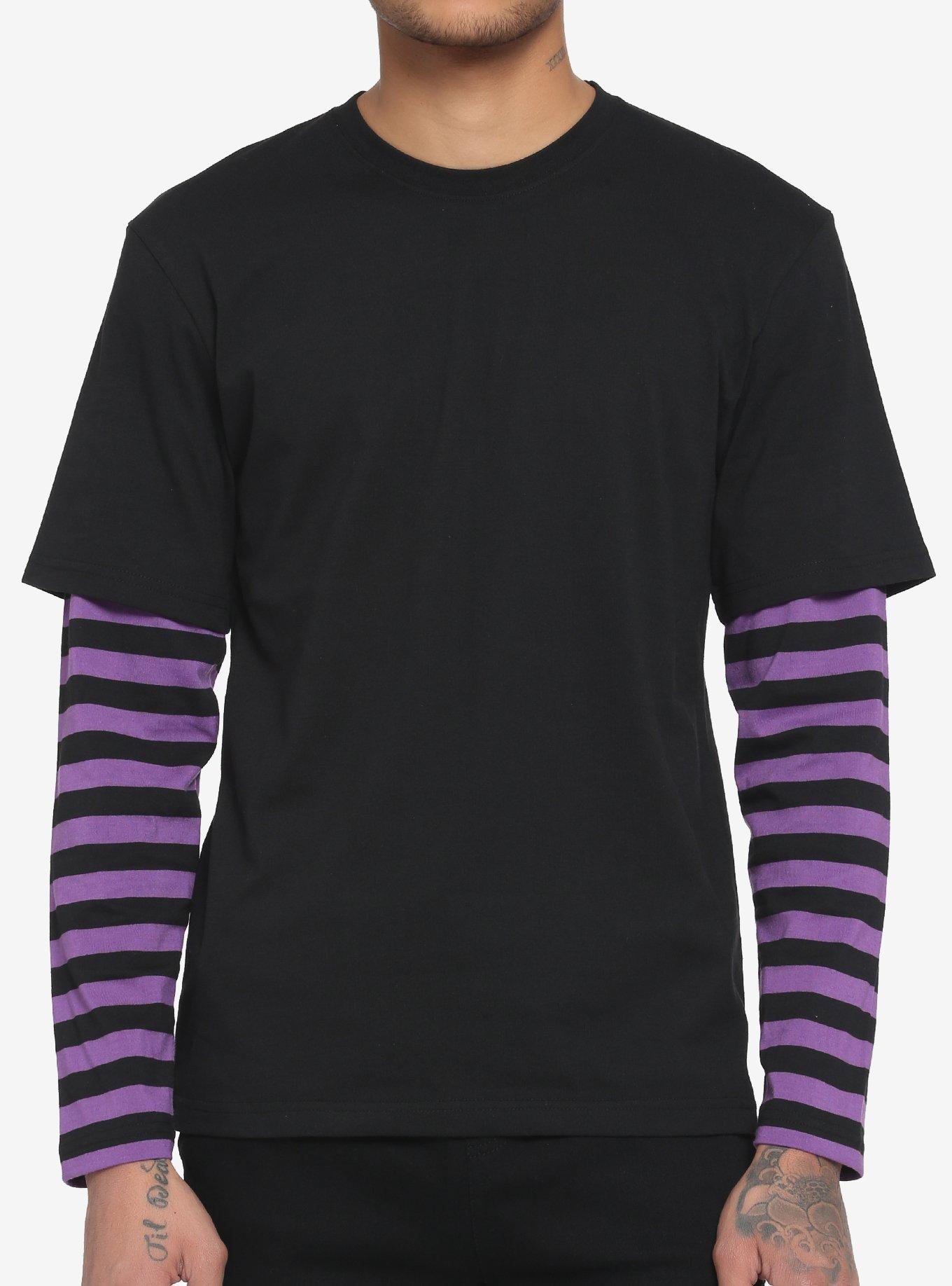 Black & Purple Stripe Sleeve Twofer Long-Sleeve T-Shirt, BLACK  PURPLE, hi-res