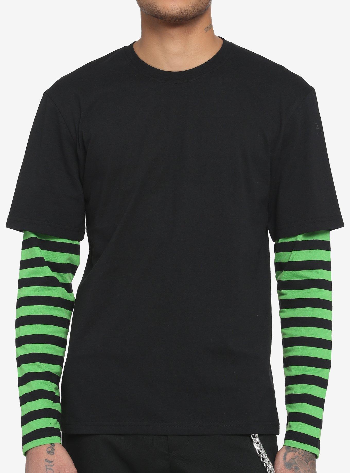 Black & Neon Green Stripe Sleeve Long-Sleeve T-Shirt, BLACK  GREEN, hi-res