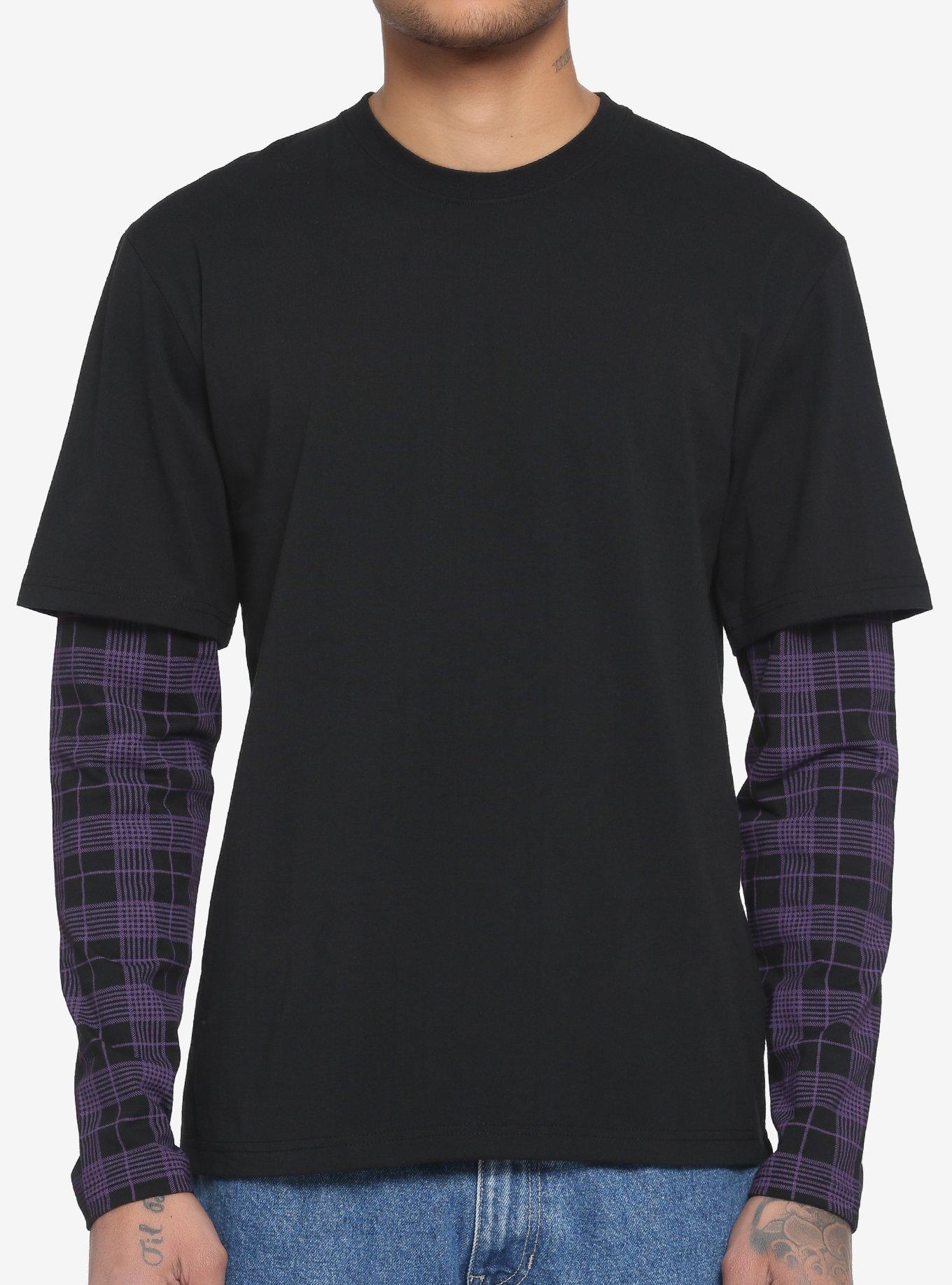 Black & Purple Plaid Sleeve Twofer Long-Sleeve T-Shirt, BLACK  PURPLE, hi-res