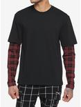 Black & Red Plaid Sleeve Twofer Long-Sleeve T-Shirt, BLACK  RED, hi-res