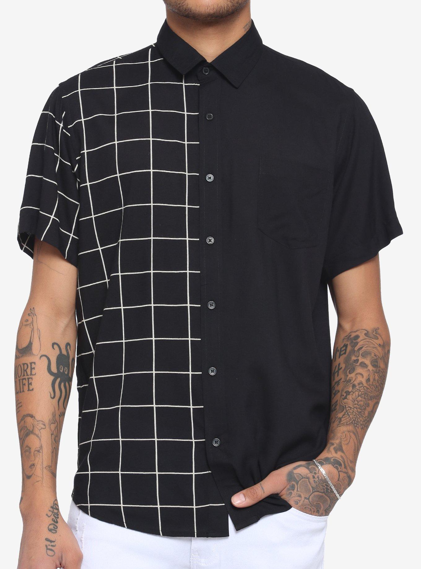 White & Black Grid Split Woven Button-Up, BLACK  WHITE, hi-res