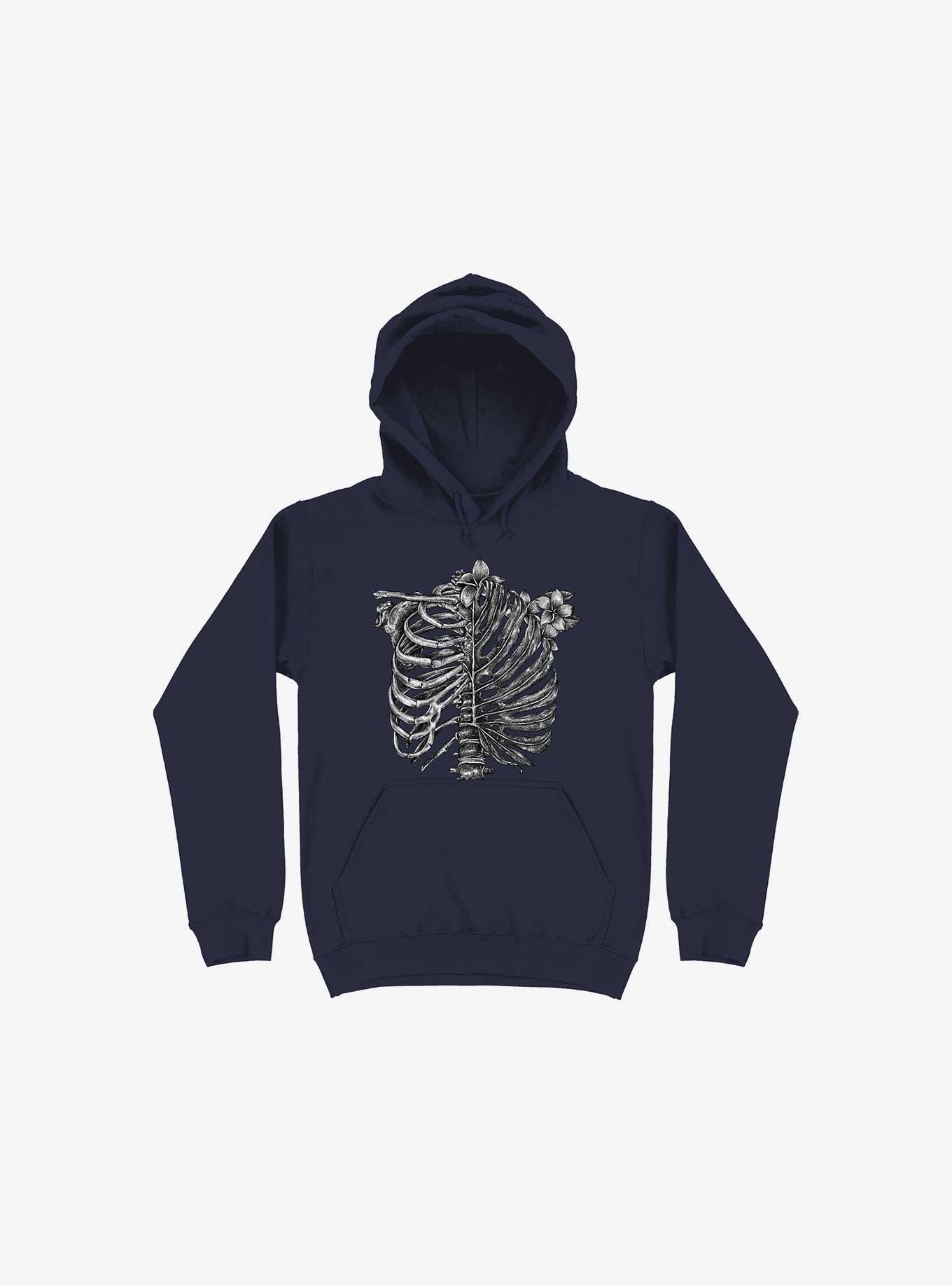 Skeleton Rib Tropical Navy Blue Hoodie, NAVY, hi-res