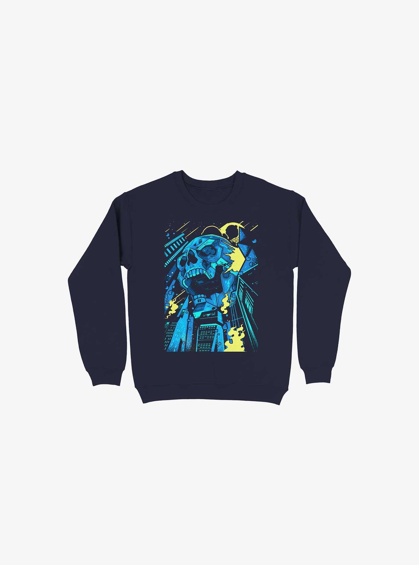 Invasion Of The Giant Techno Skulls Navy Blue Sweatshirt, NAVY, hi-res