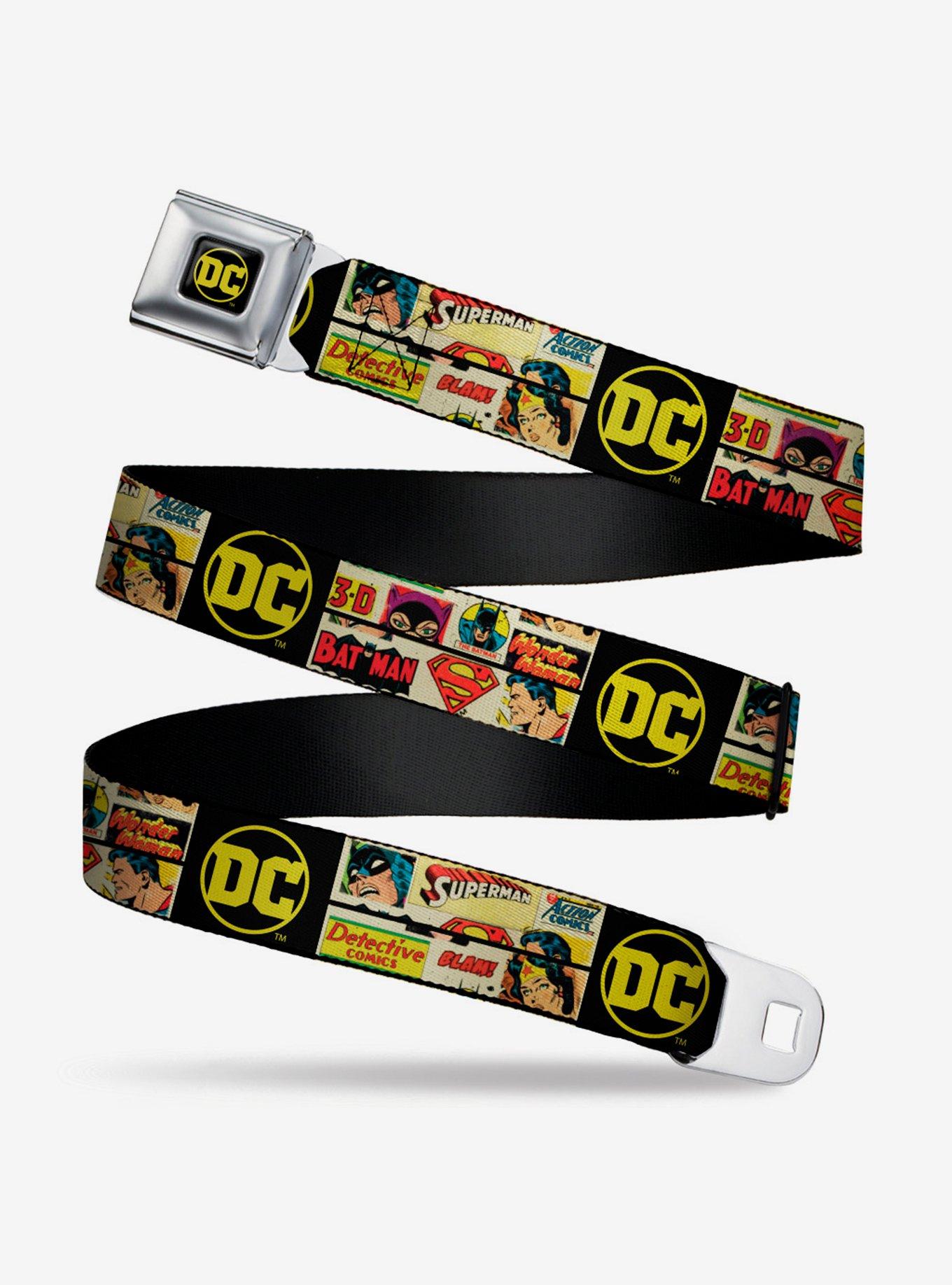 DC Comics Vintage Superhero Logos Seatbelt Belt, BLACK, hi-res