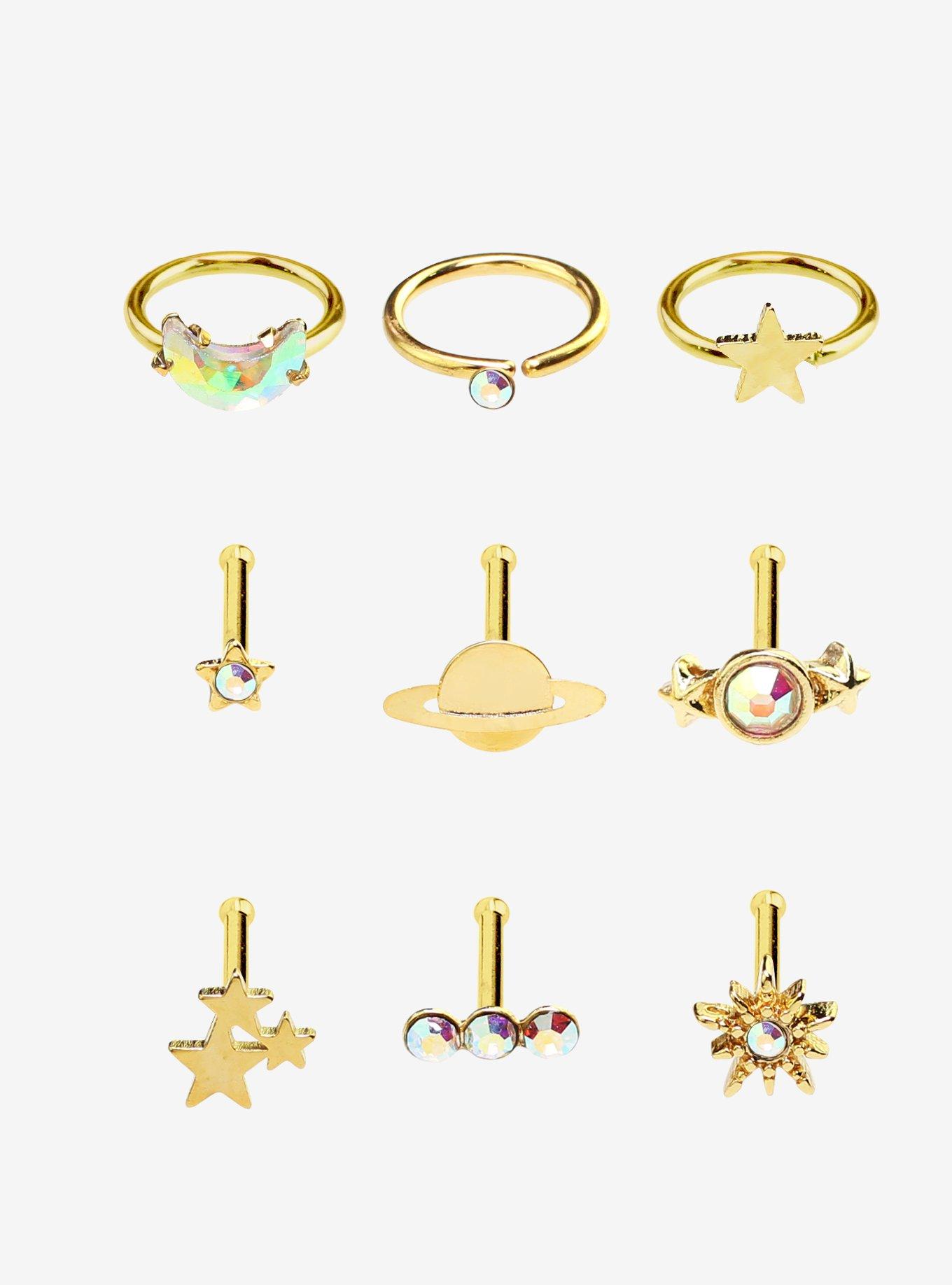 Steel Gold Celestial AB Nose Stud & Hoop 9 Pack, GOLD, hi-res