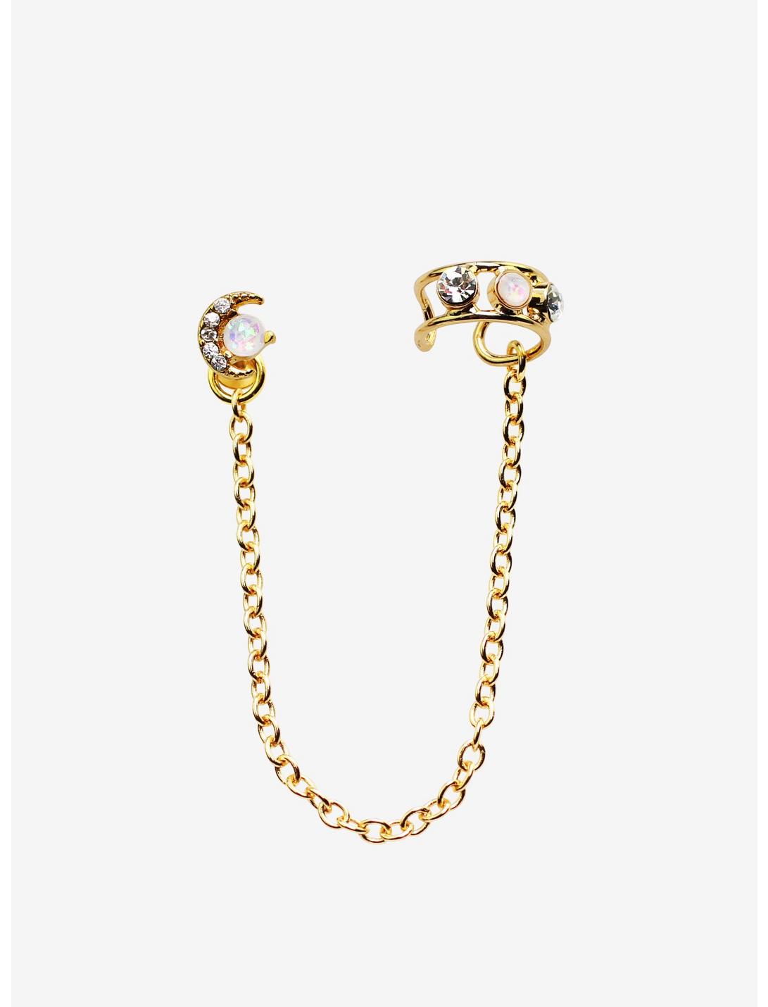 Celestial Opal Moon Chain Ear Cuff, GOLD, hi-res