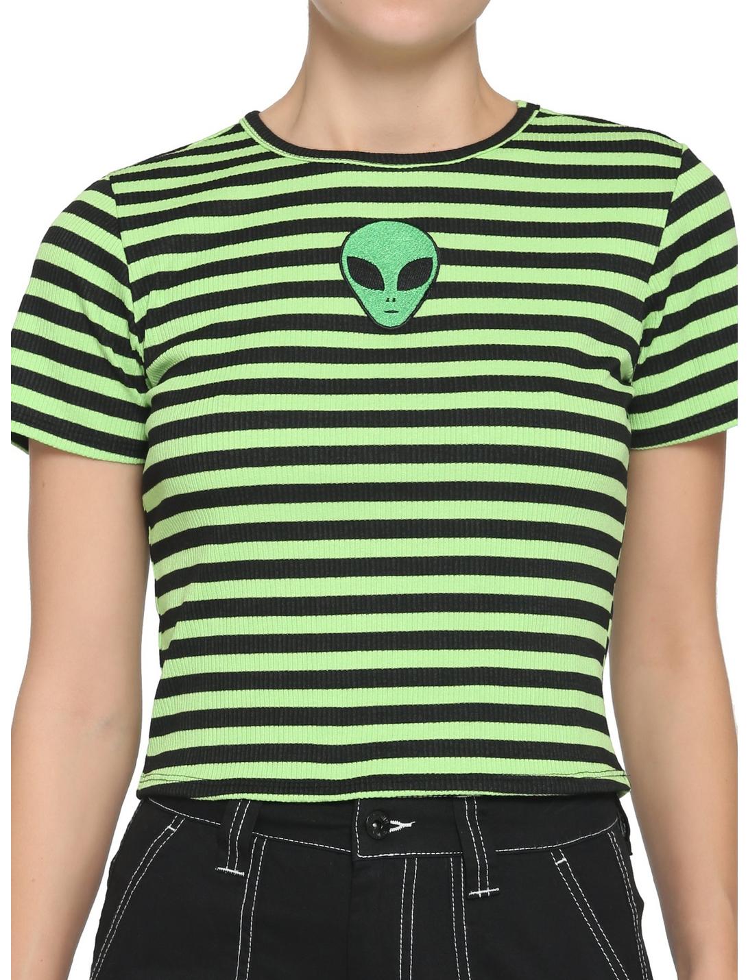 Black & Green Alien Girls Crop Baby T-Shirt, STRIPE - GREEN, hi-res