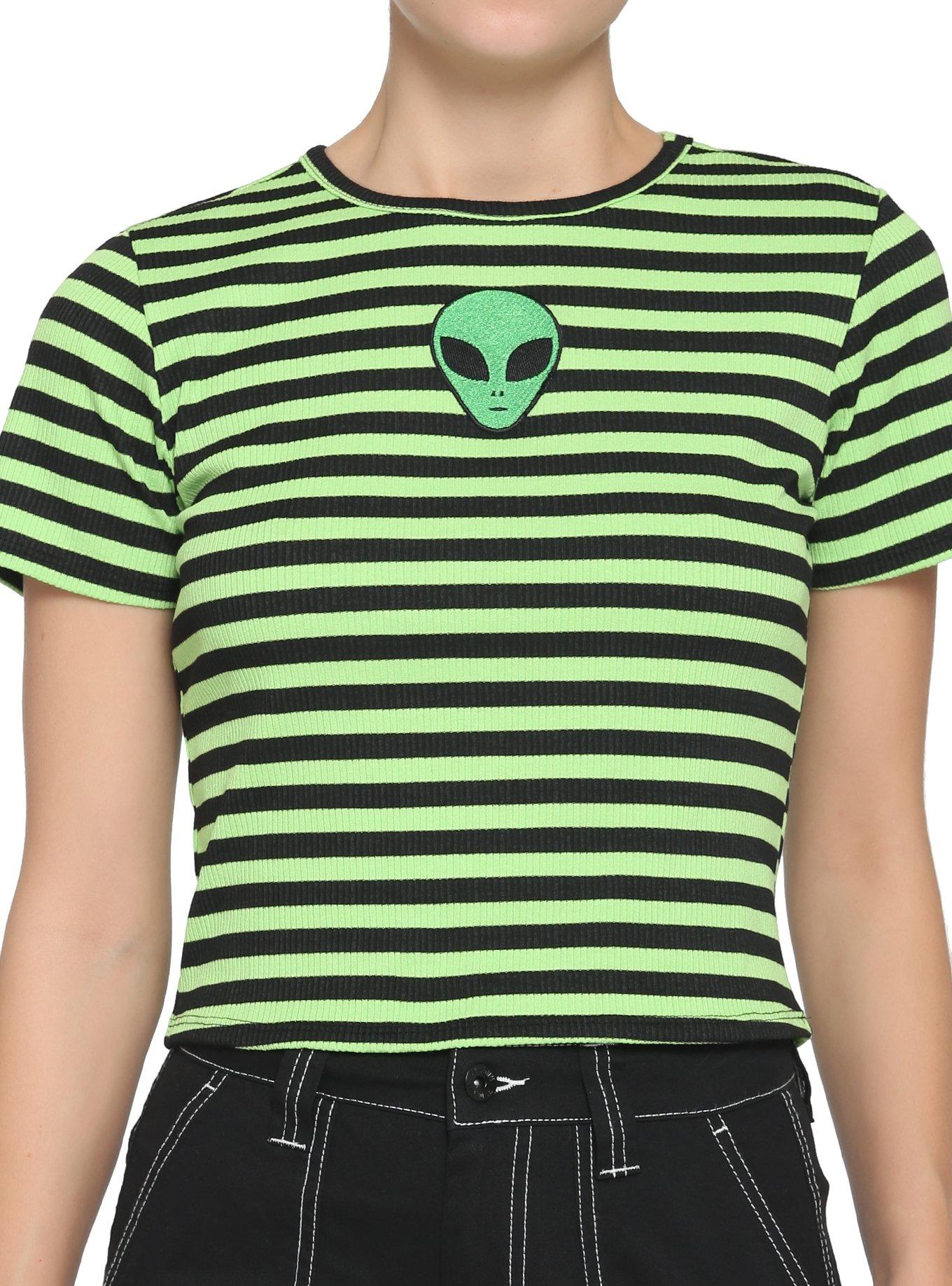 Black & Green Alien Girls Crop Baby T-Shirt, STRIPE - GREEN, hi-res