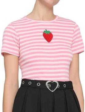 Embroidered Strawberry Stripe Girls Baby T-Shirt, , hi-res