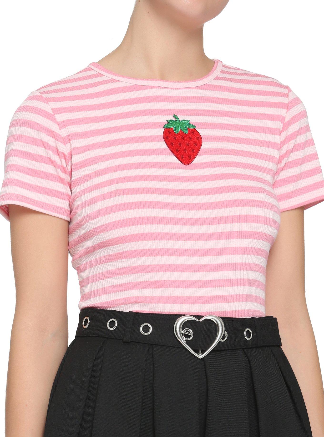 Embroidered Strawberry Stripe Girls Baby T-Shirt, STRIPES - RED, hi-res