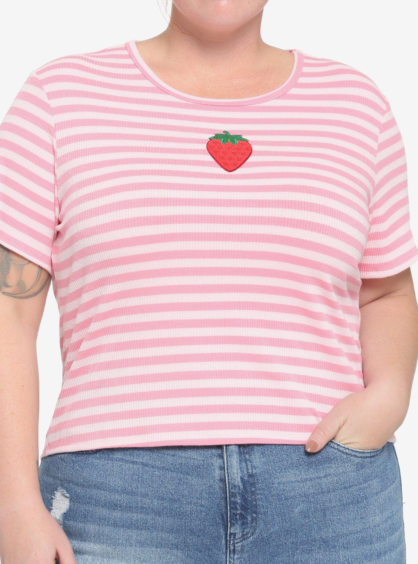 Embroidered Strawberry Stripe Girls Baby T-Shirt Plus Size, STRIPES - RED, hi-res