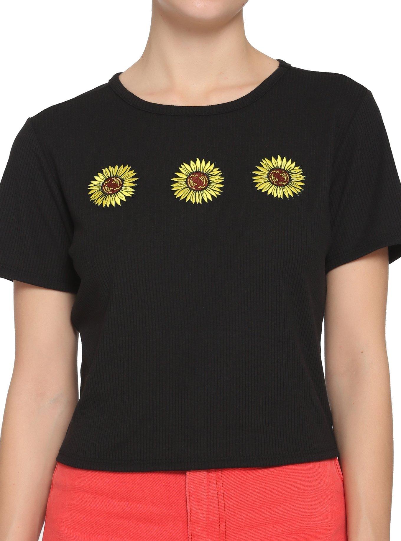 Embroidered Sunflower Girls Crop Baby T-Shirt, BLACK, hi-res