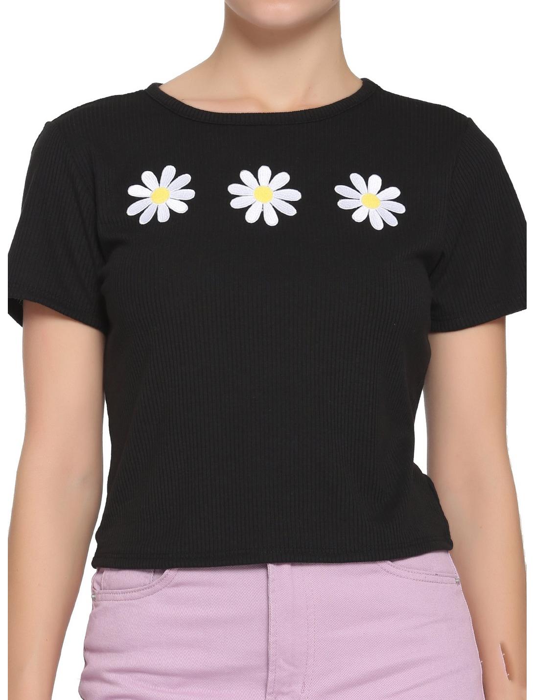 Embroidered Daisy Girls Crop Baby T-Shirt, BLACK, hi-res