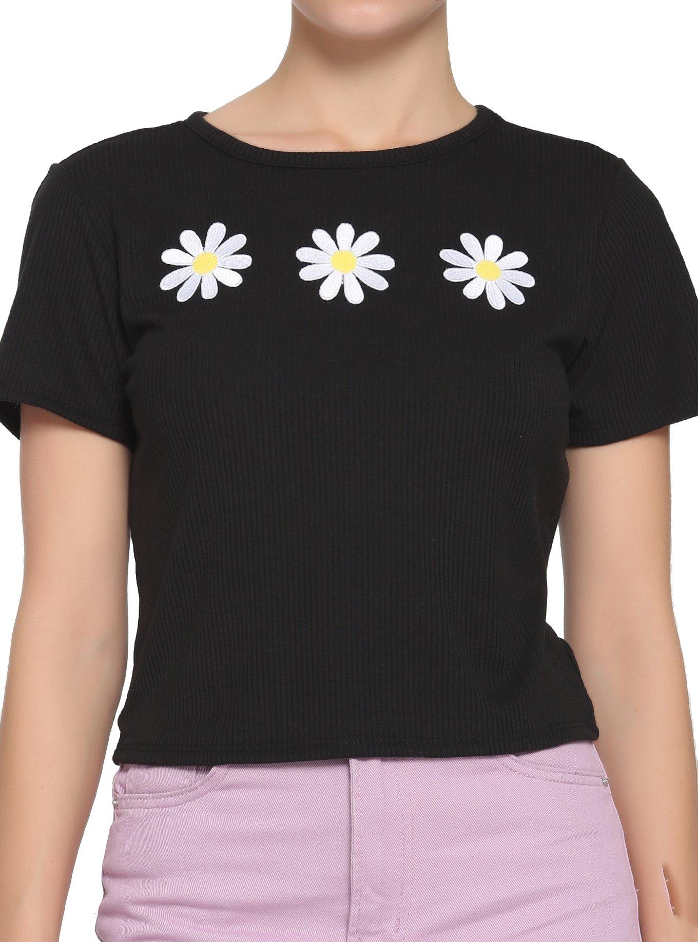 Embroidered Daisy Girls Crop Baby T-Shirt, BLACK, hi-res view 1