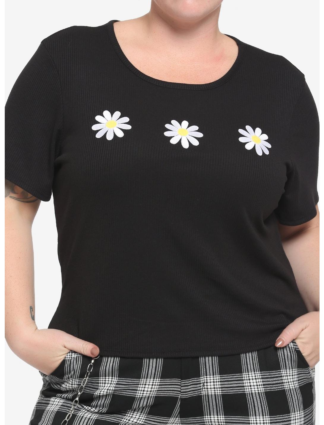 Embroidered Daisy Girls Crop Baby T-Shirt Plus Size, BLACK, hi-res