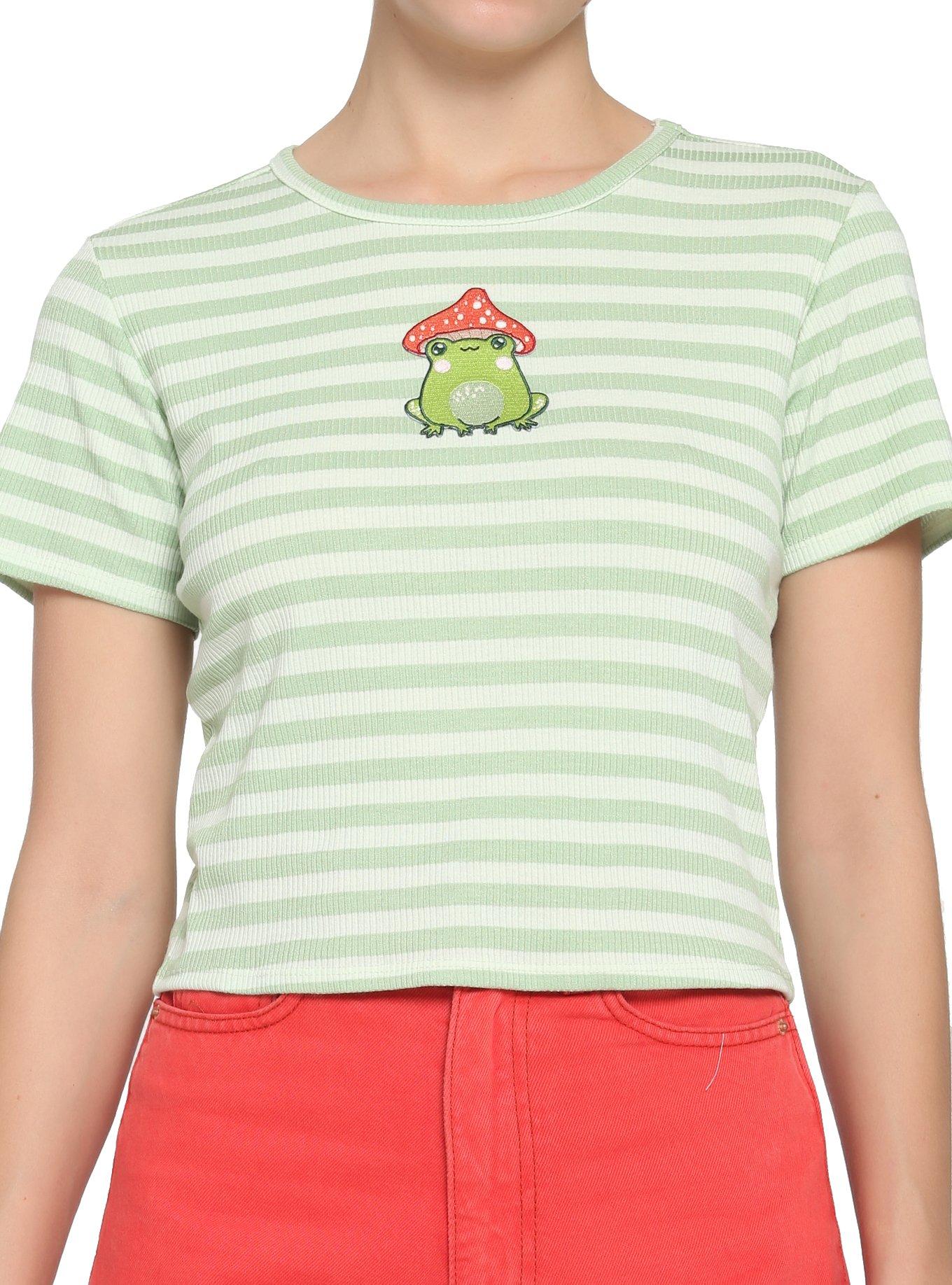 Frog Mushroom Stripe Girls Crop Baby T-Shirt, STRIPE - GREEN, hi-res