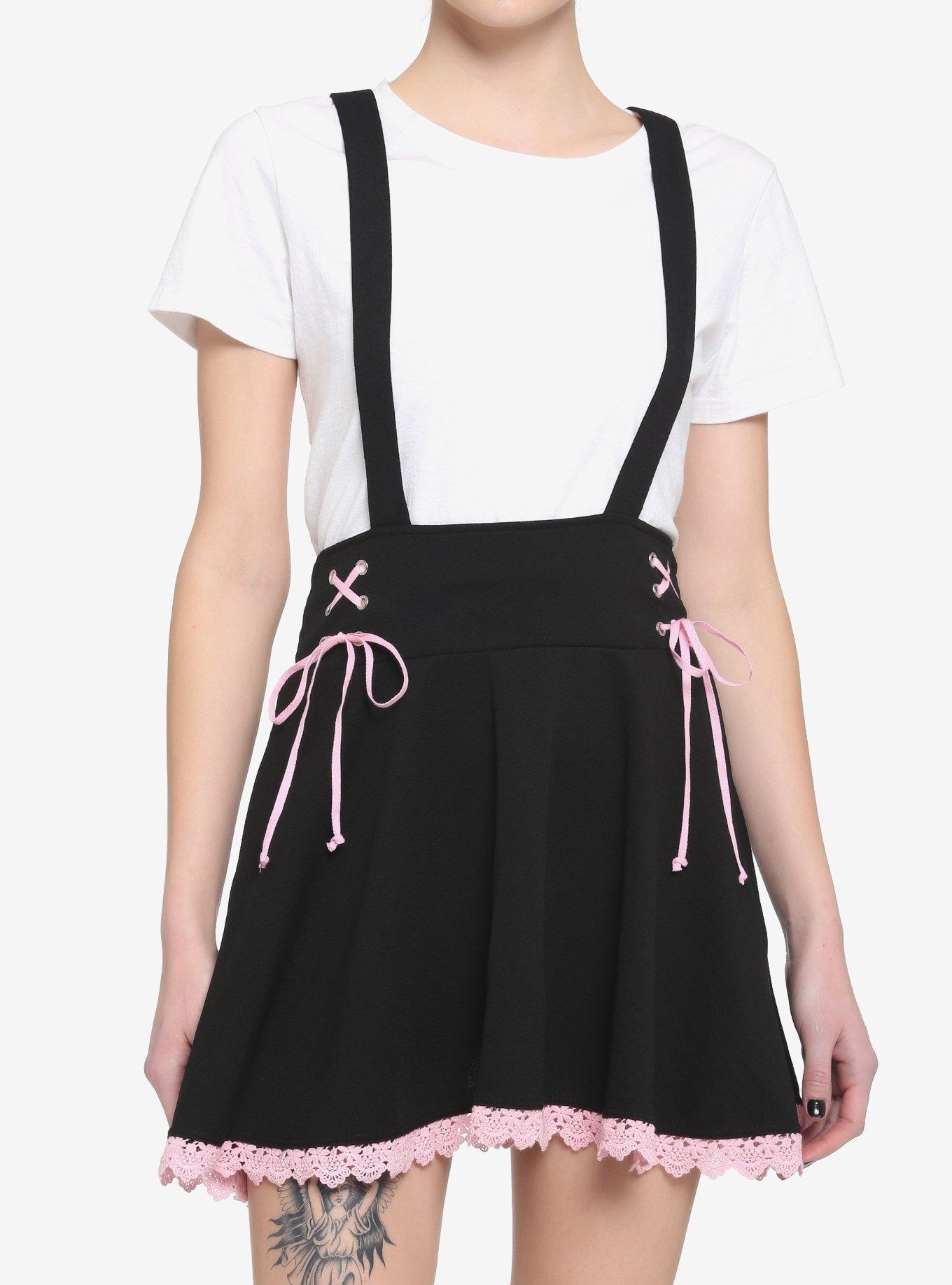 Black & Pink LaceUp Suspender Skirt Hot Topic