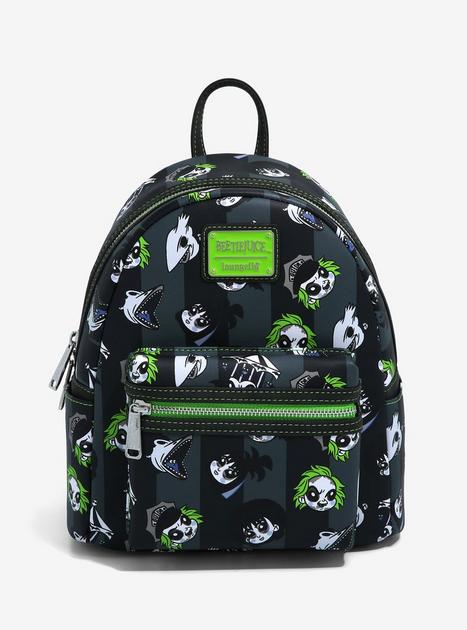 beetlejuice striped never trust the living mini backpack by Loungefly all nestled among a swirling motif of sandworms Beetlejuice Mini Backpack - Gem