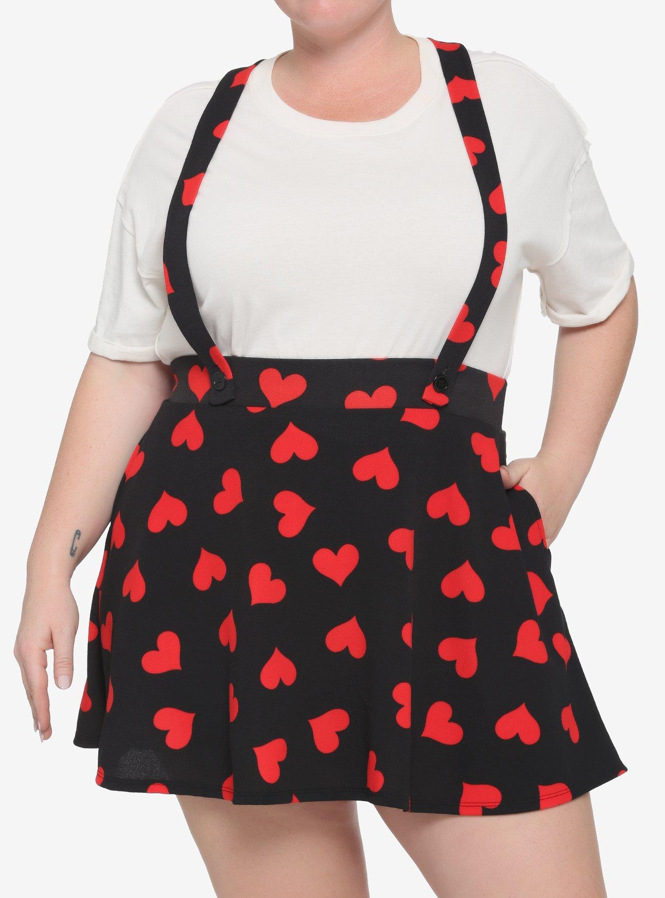Red Hearts Black Suspender Skirt Plus Size, PINK, hi-res