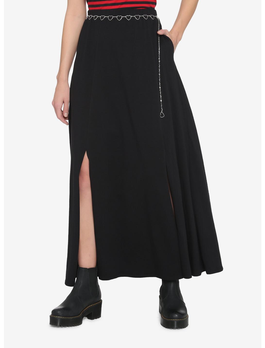 Black Heart Chain Belt Slit Maxi Skirt, BLACK, hi-res