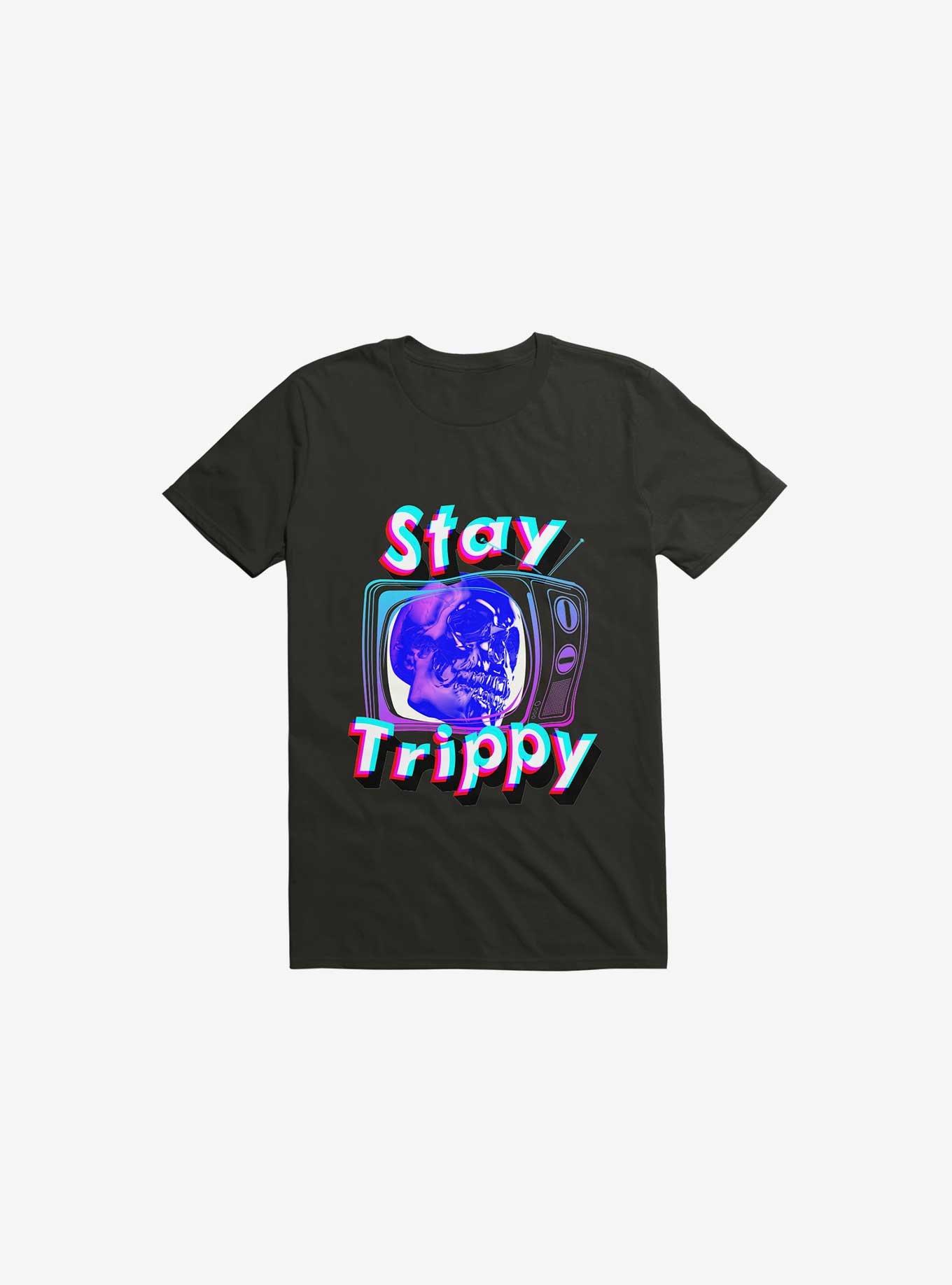 Stay Trippy Cute Retro Aesthetic Universal Vibe Skull Black T-Shirt, , hi-res
