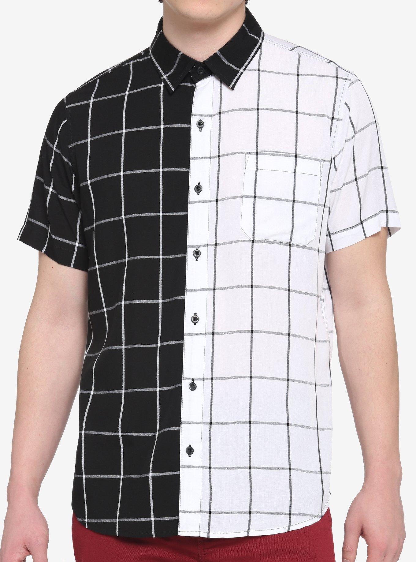 Black & White Split Grid Woven Button-Up, BLACK  WHITE, hi-res
