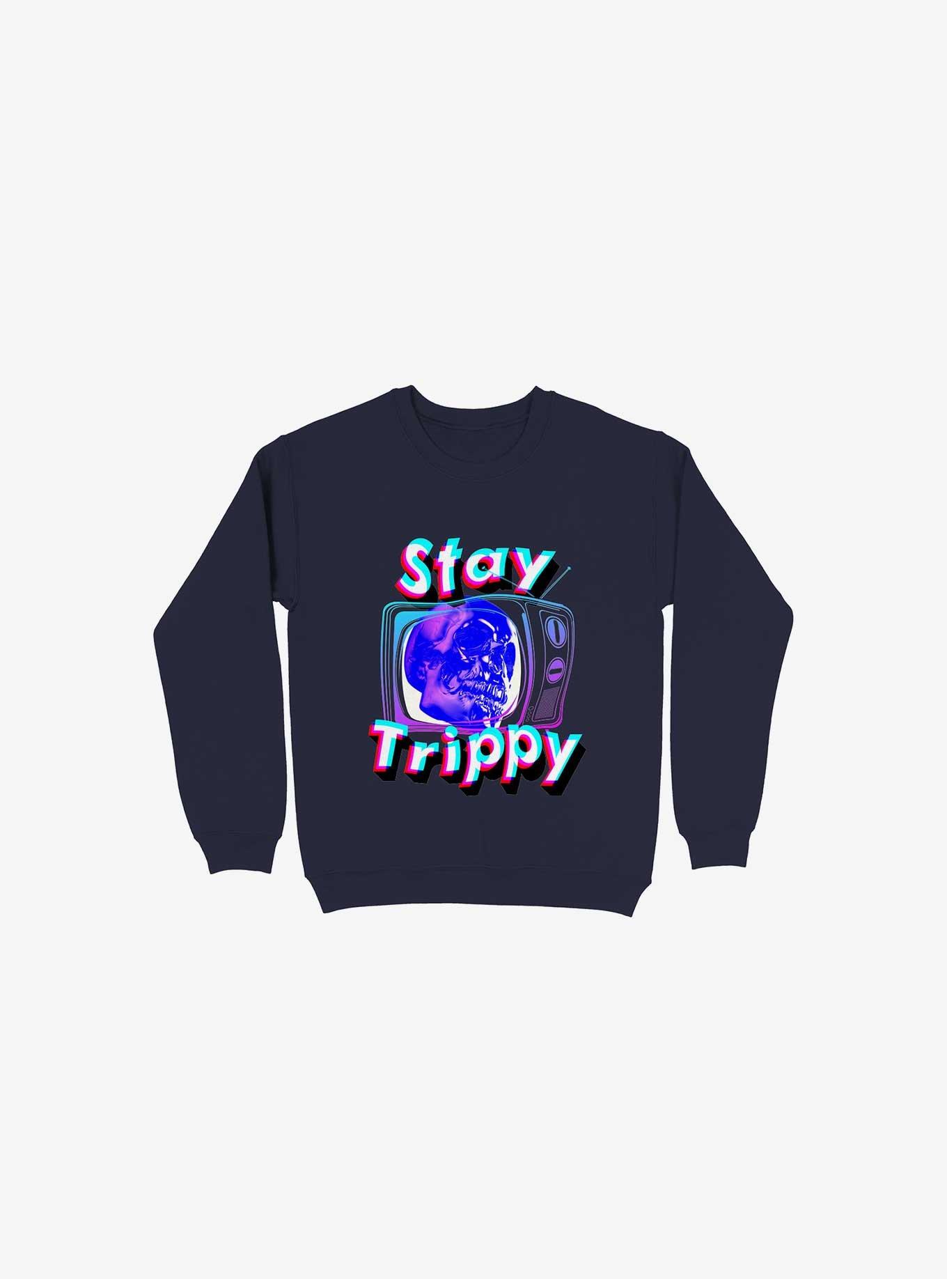 Stay Trippy Cute Retro Aesthetic Universal Vibe Skull Navy Blue Sweatshirt, NAVY, hi-res