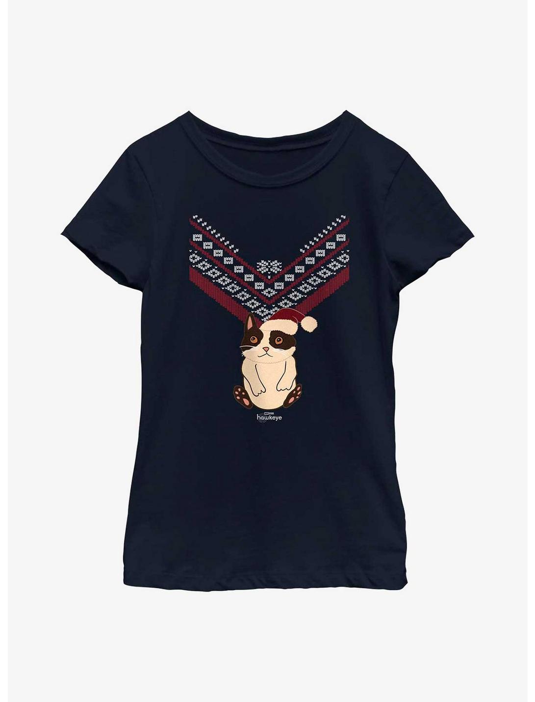 Marvel Hawkeye Cat Sweater Pattern Youth Girls T-Shirt, NAVY, hi-res