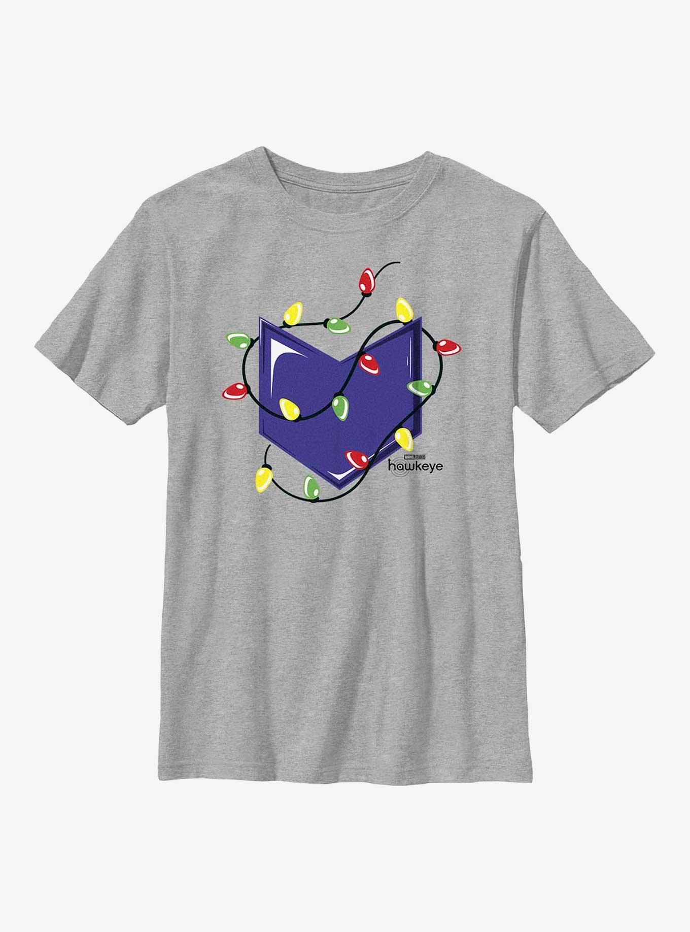 Marvel Hawkeye Christmas Lights Logo Youth T-Shirt, ATH HTR, hi-res