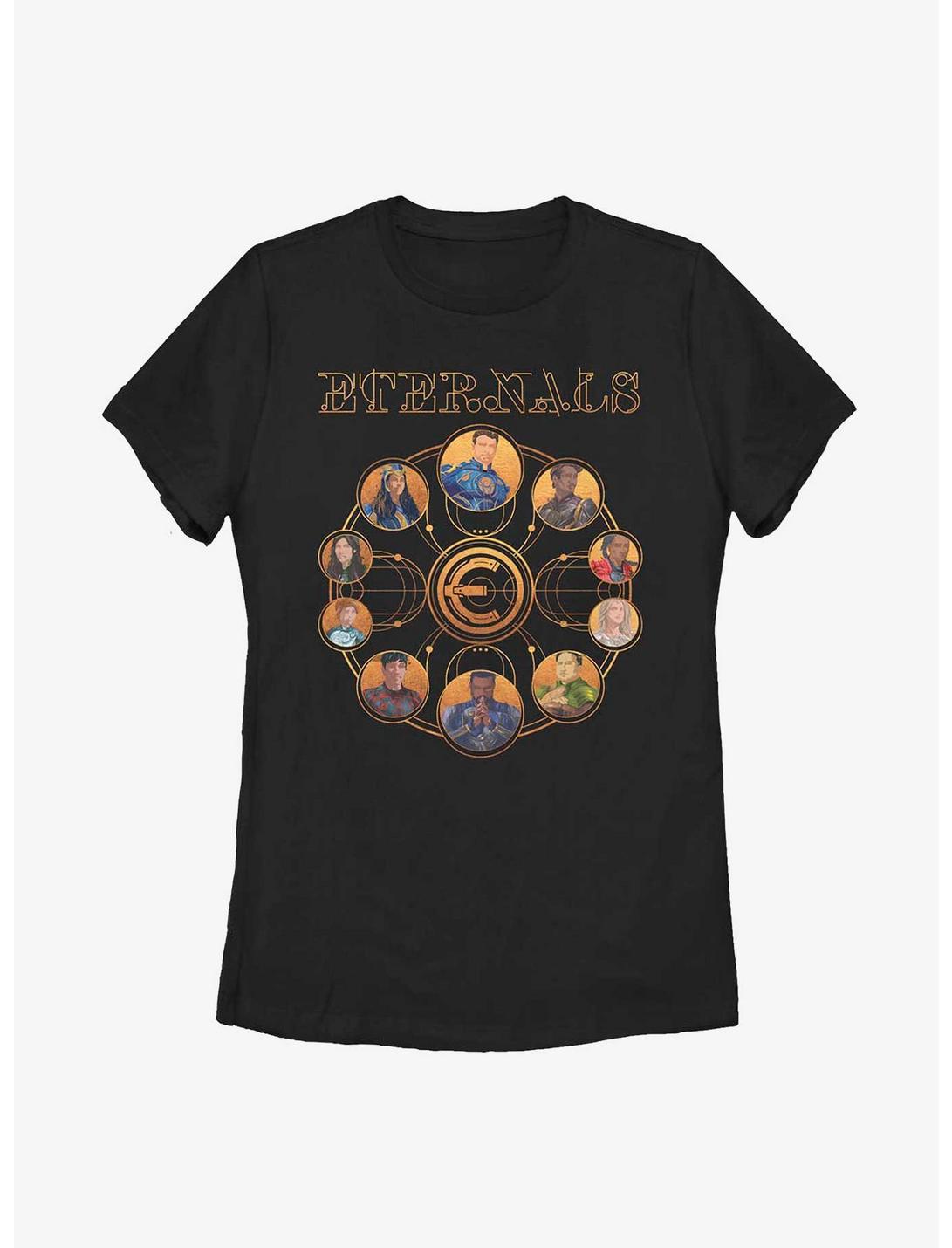 Marvel The Eternals Circular Gold Heroes Womens T-Shirt, BLACK, hi-res