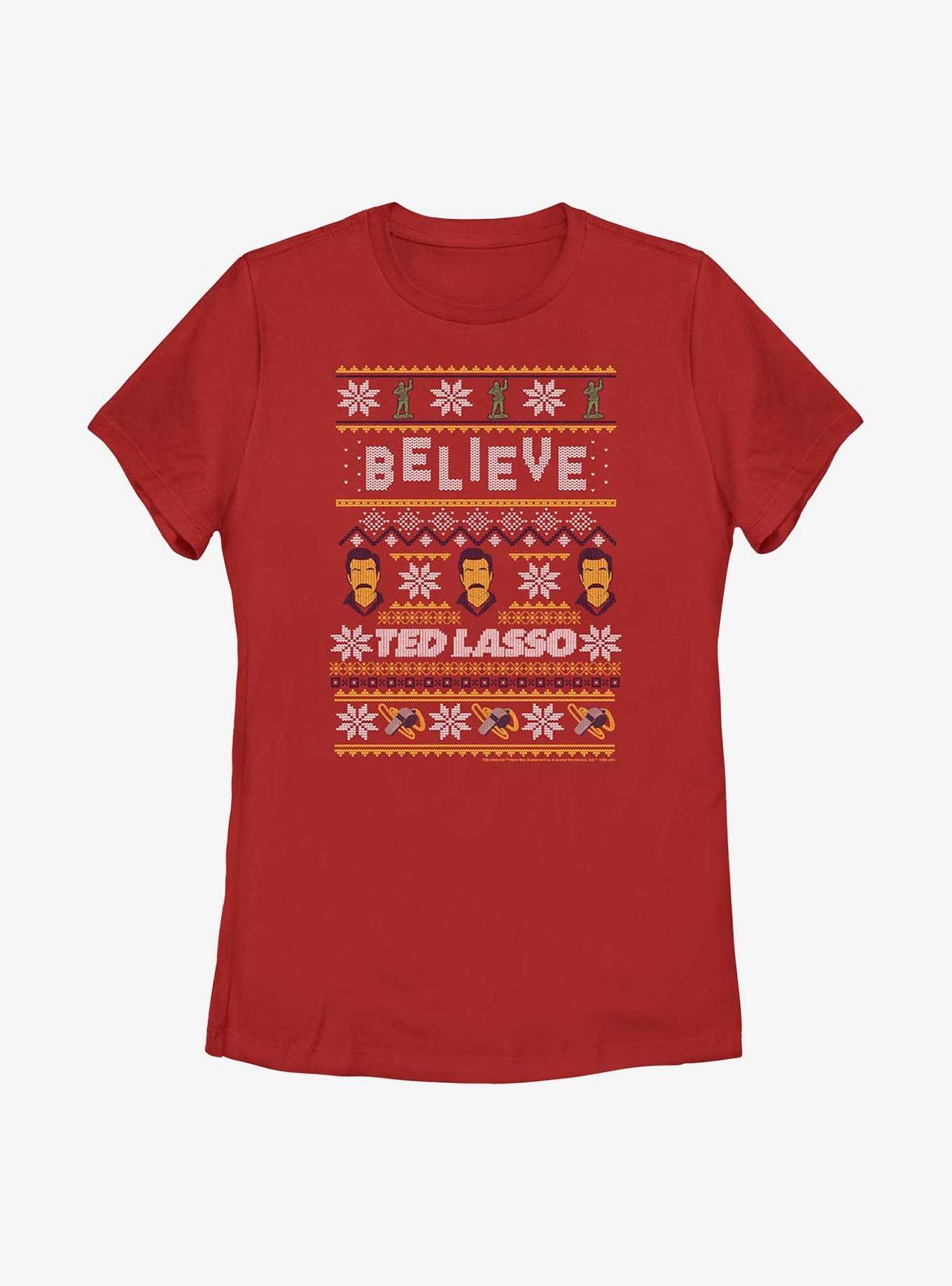 Ted Lasso Believe Ugly Sweater Womens T-Shirt, RED, hi-res