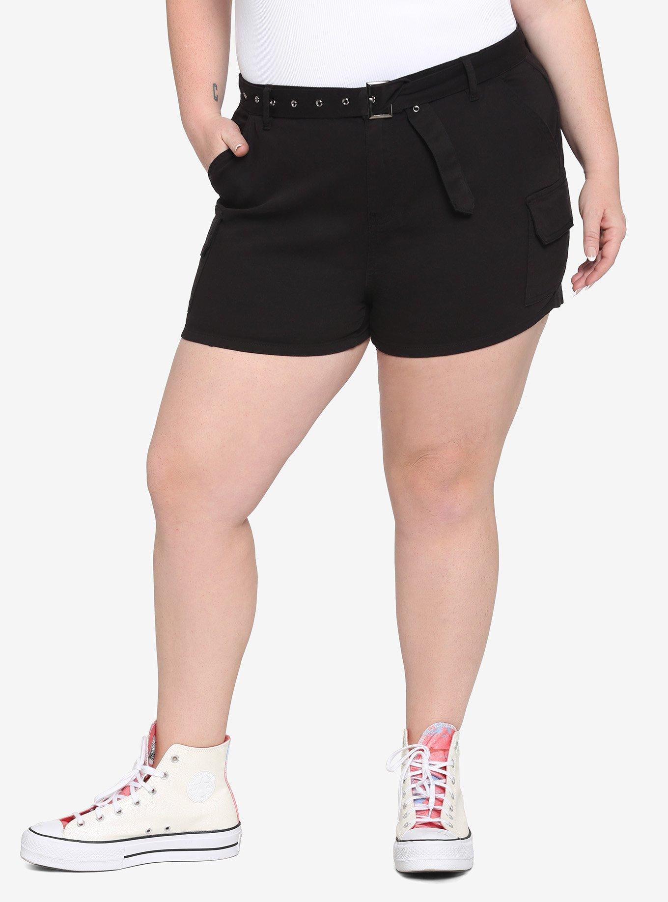 Black Belted Cargo Jogger Shorts Plus Size, BLACK, hi-res
