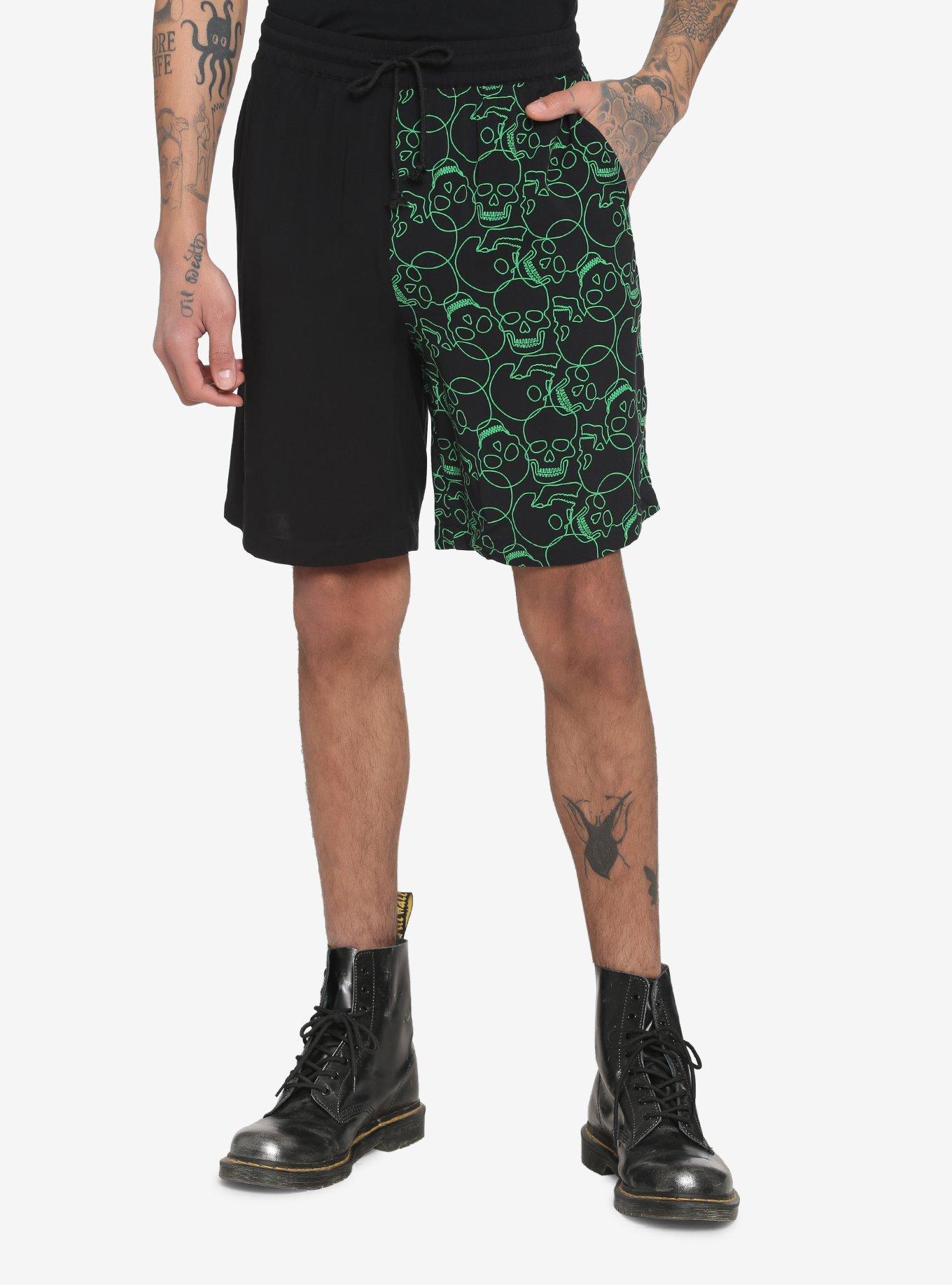 Black & Green Skull Split Volley Shorts, BLACK, hi-res