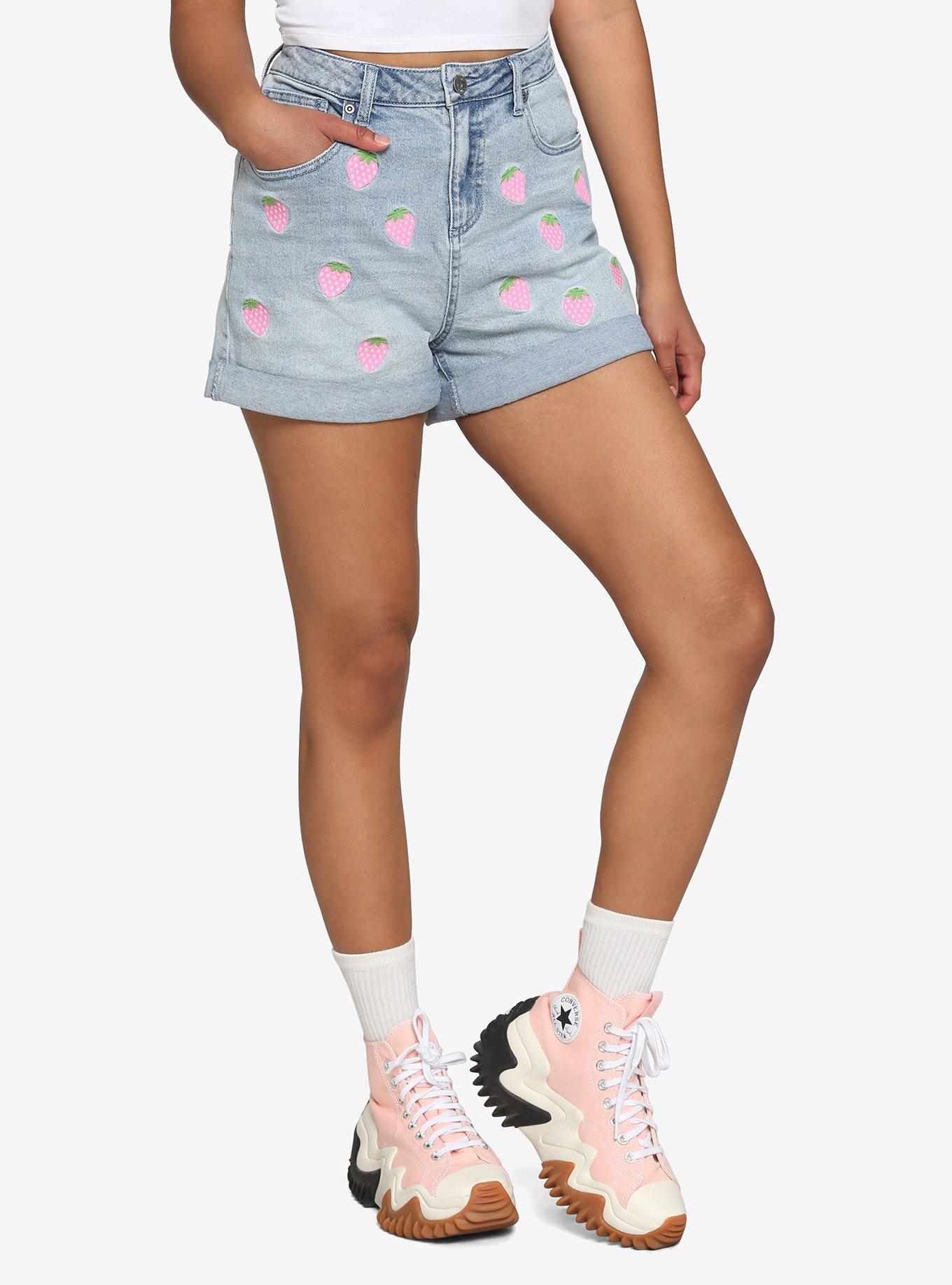 Embroidered Strawberry Mom Shorts, INDIGO, hi-res