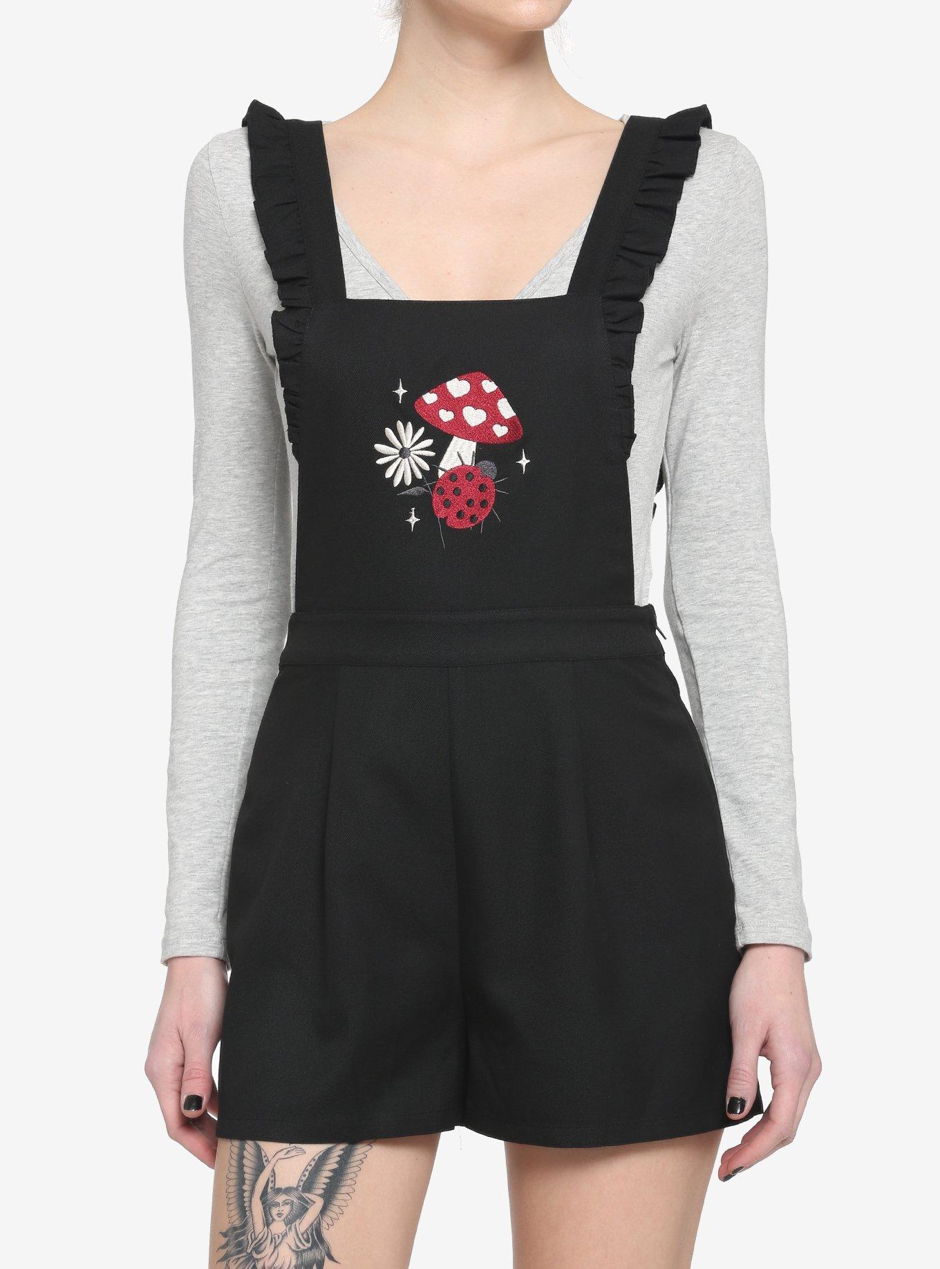 Black Embroidered Mushroom Shortalls, BLACK, hi-res