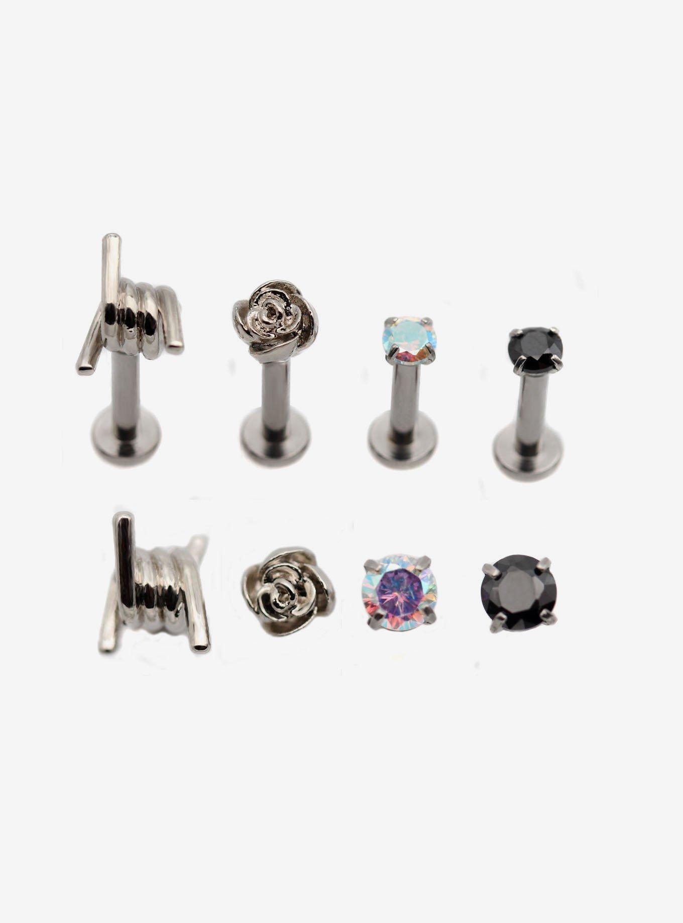 Steel Silver Rose & Barb Wire Labret Stud 4 Pack | Hot Topic