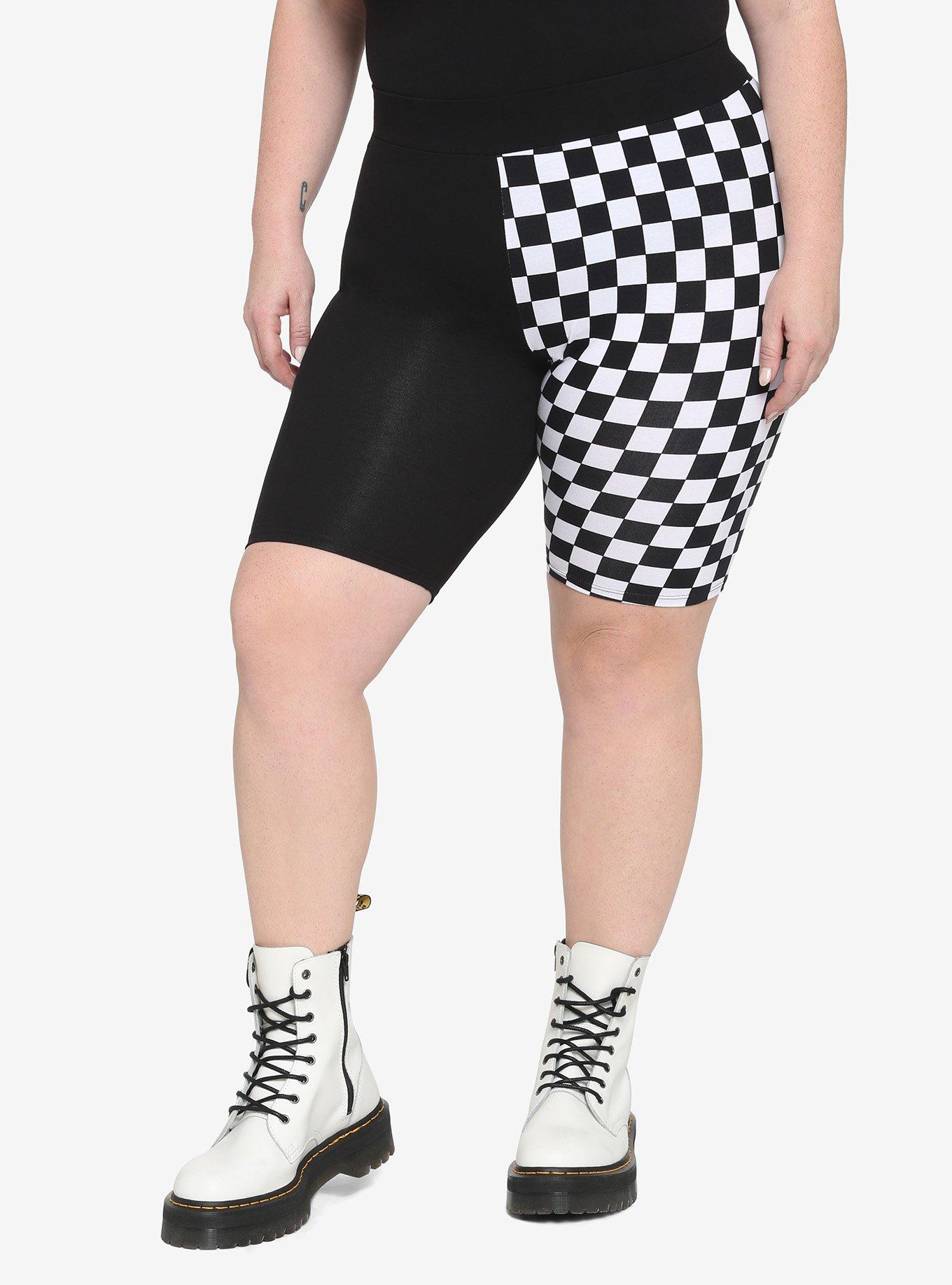Black & White Checker Split Girls Bike Shorts Plus Size, BLACK, hi-res