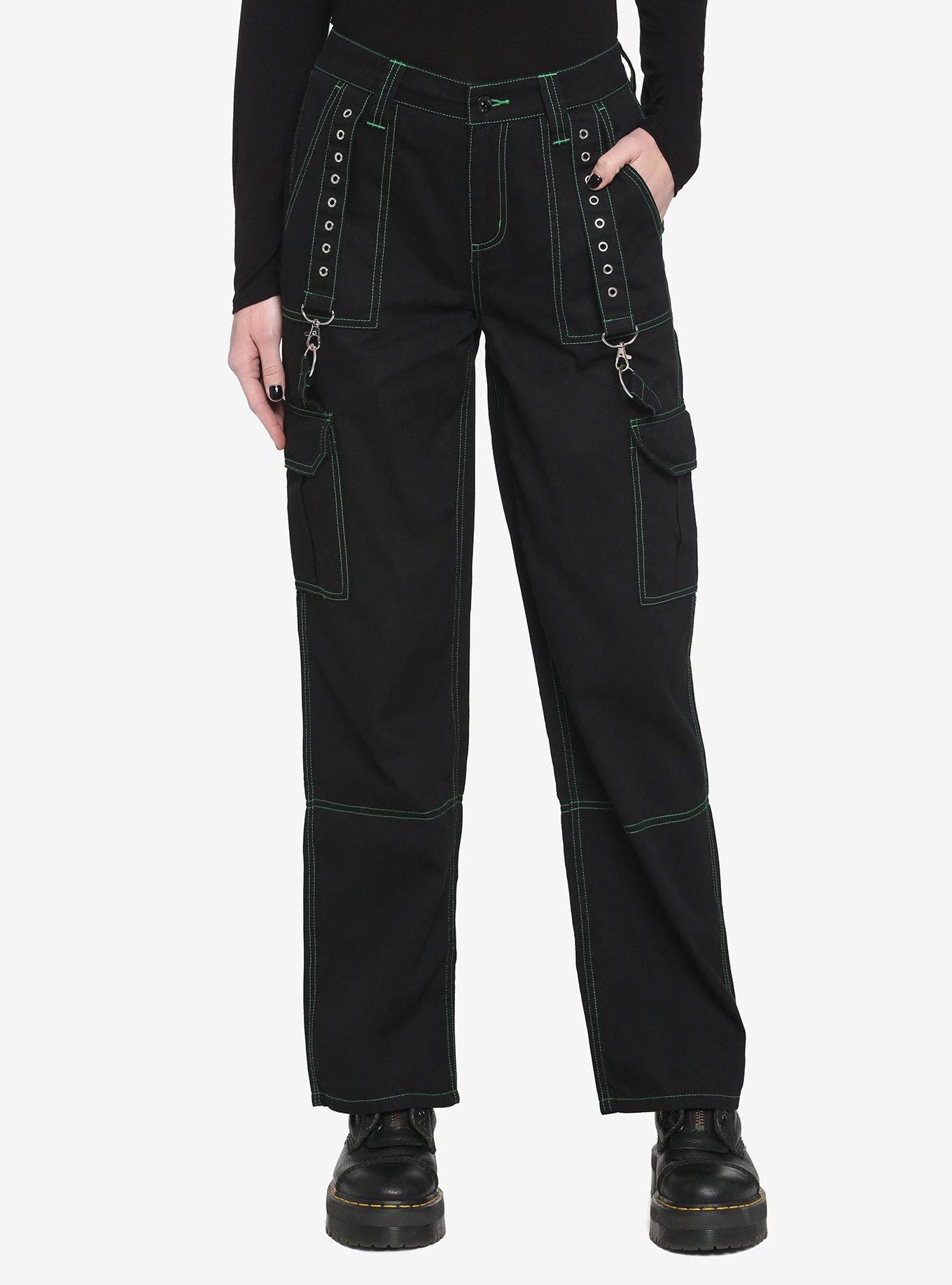 HT Denim Black & Green Stitch Hi-Rise Carpenter Pants