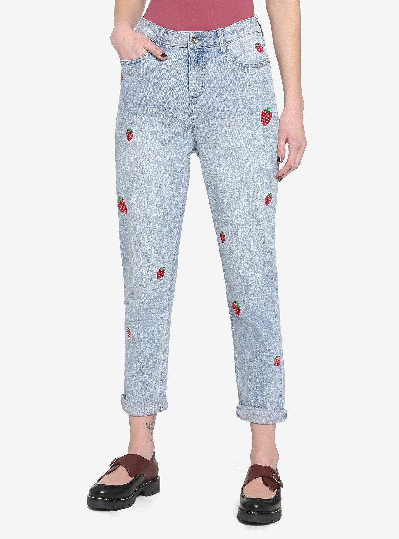Strawberry Embroidered Mom Jeans, INDIGO, hi-res