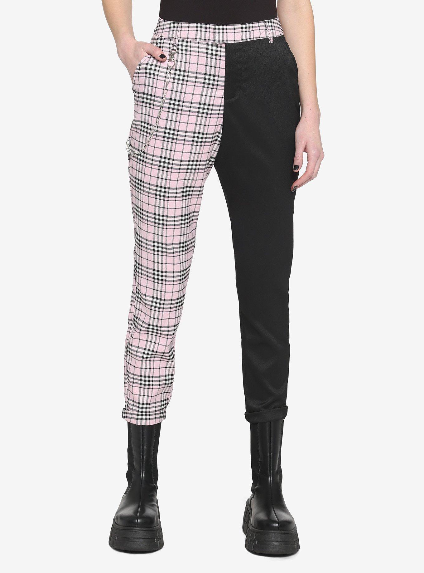 Black & Pink Plaid Split Chain Pants