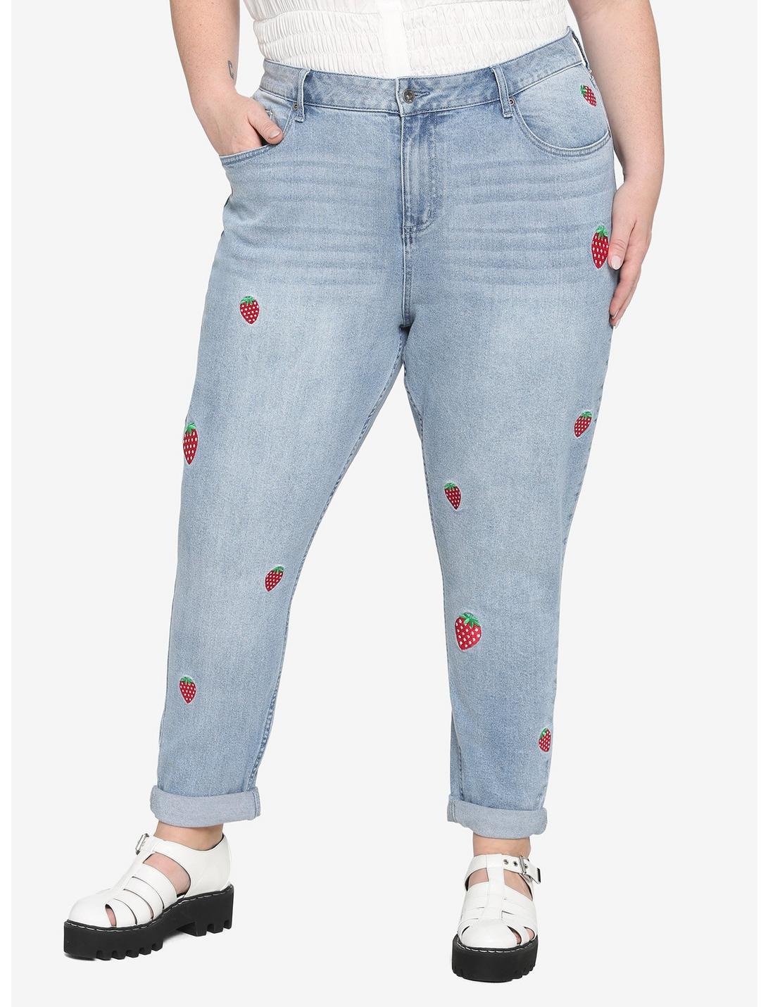 Strawberry Embroidered Mom Jeans Plus Size, INDIGO, hi-res